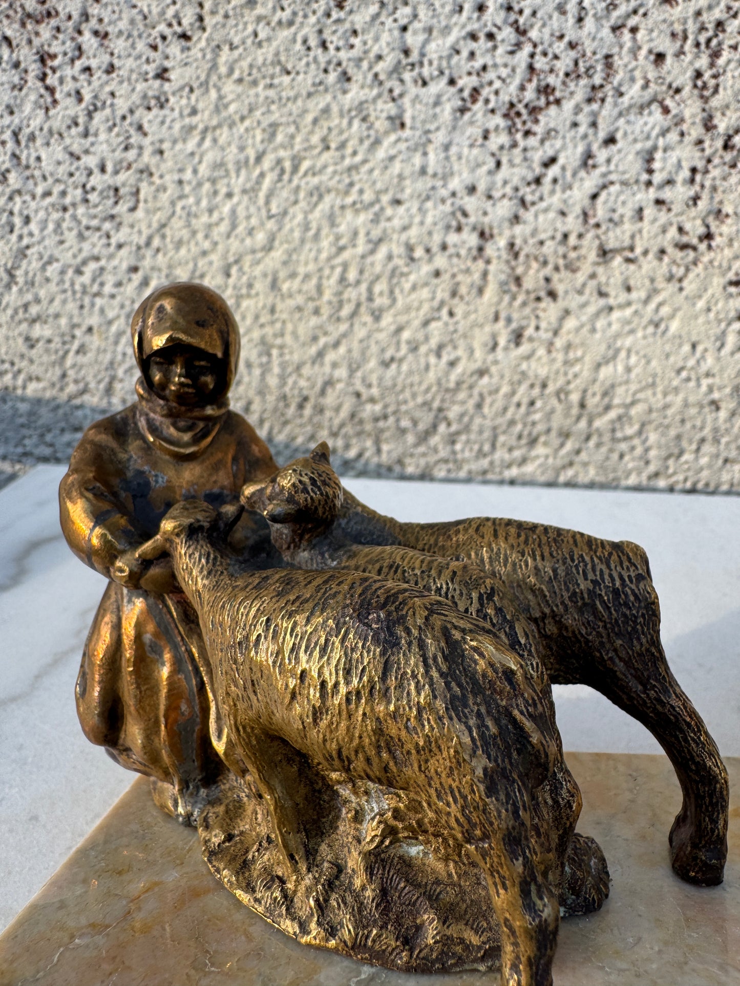 Vintage French Bronze Lamp with Girl and Sheep - Art Deco Style