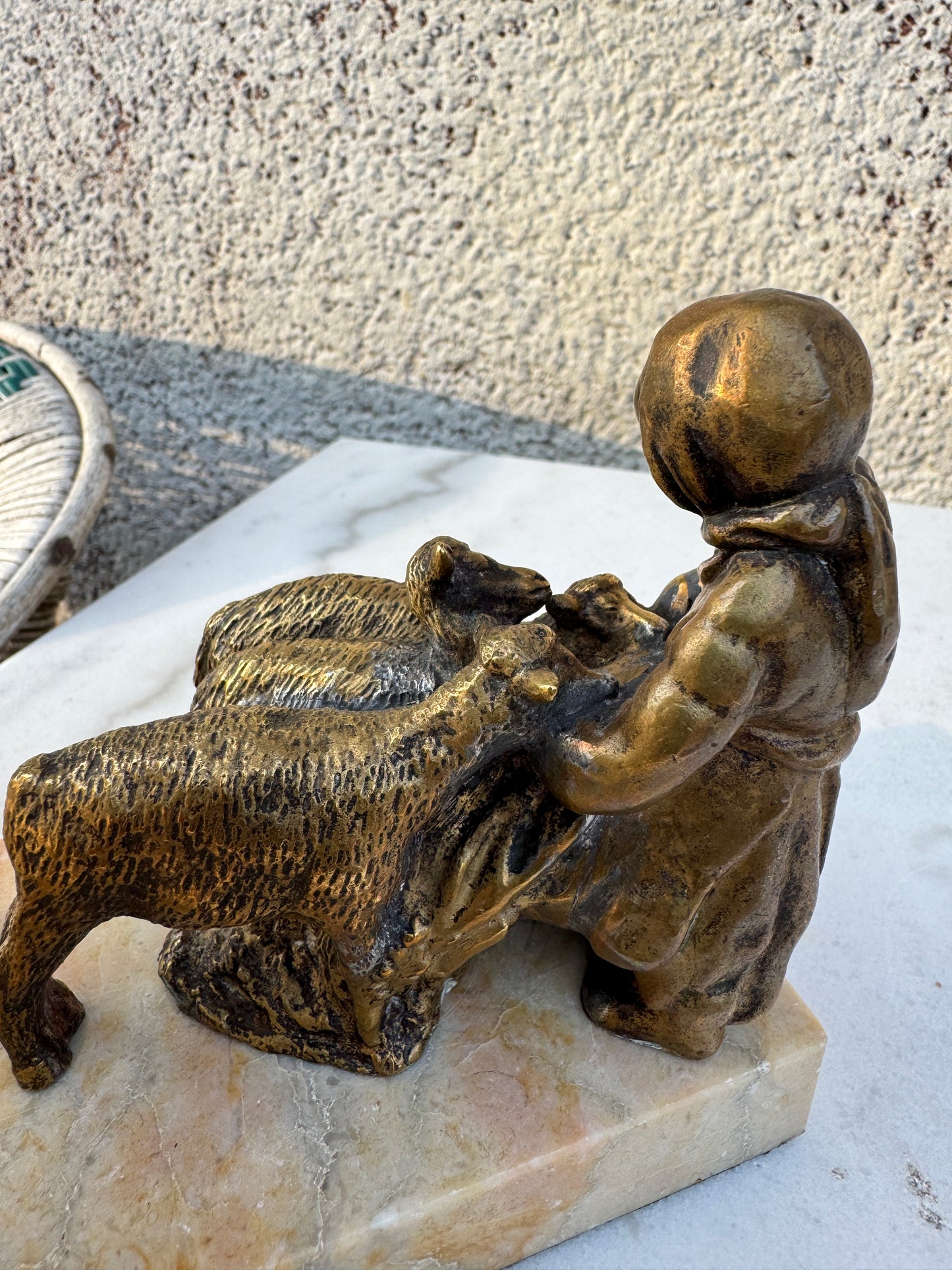 Vintage French Bronze Lamp with Girl and Sheep - Art Deco Style