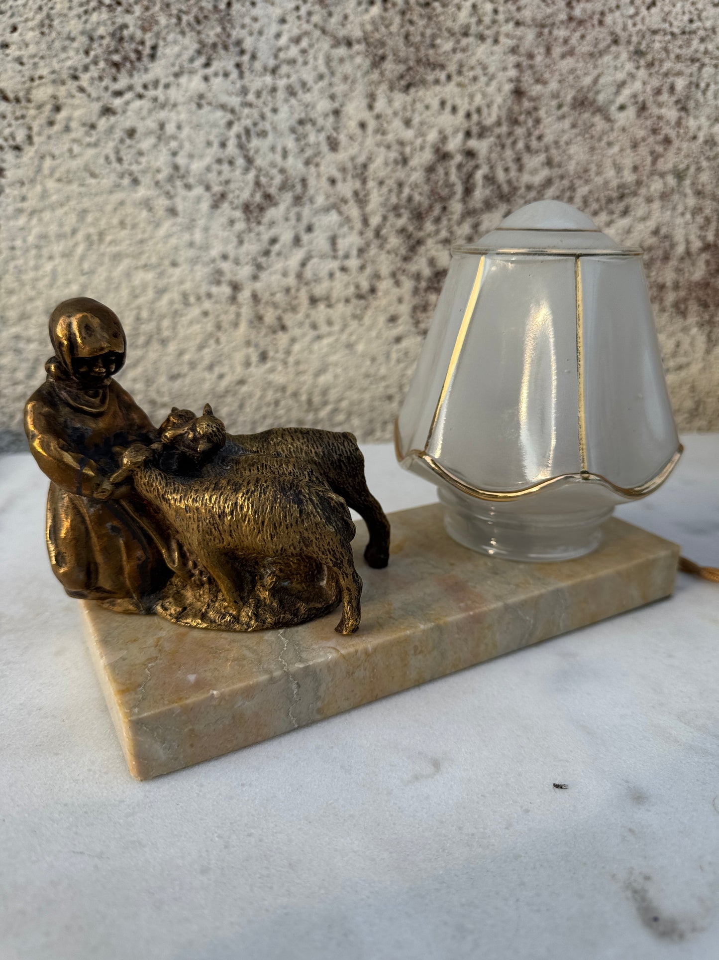 Vintage French Bronze Lamp with Girl and Sheep - Art Deco Style