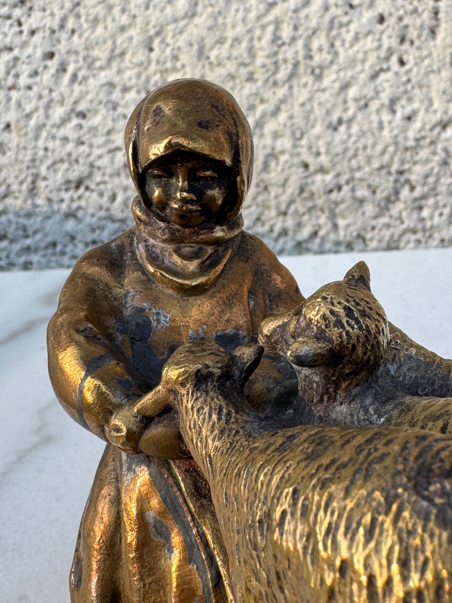 Vintage French Bronze Lamp with Girl and Sheep - Art Deco Style