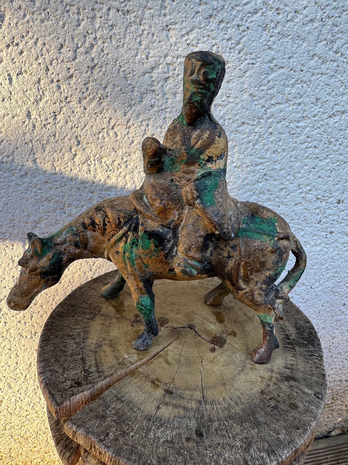 Antique Chinese Gilt Bronze Horse and Rider – Taoist Figure with Patina, 20th c.