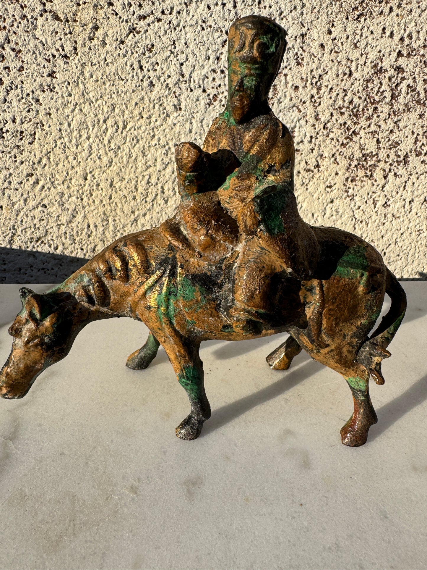 Antique Chinese Gilt Bronze Horse and Rider – Taoist Figure with Patina, 20th c.