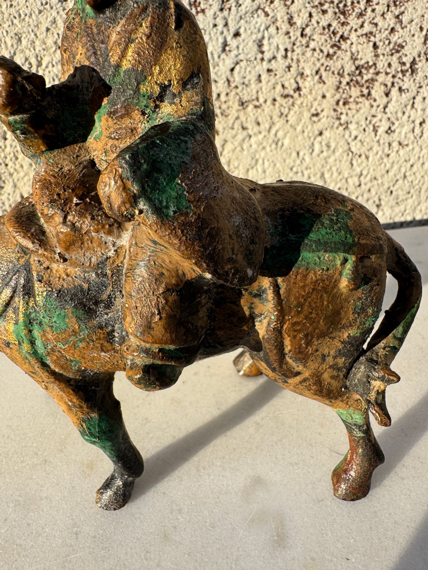 Antique Chinese Gilt Bronze Horse and Rider – Taoist Figure with Patina, 20th c.