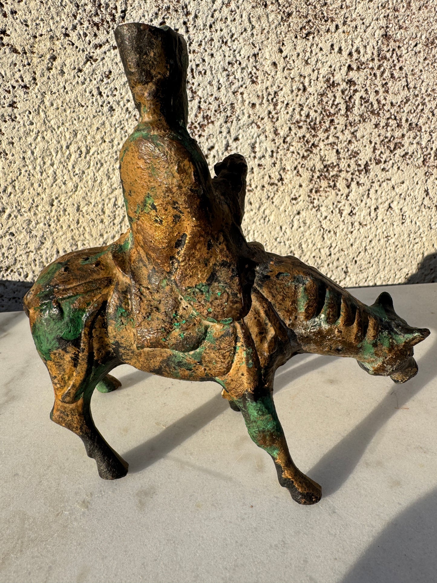 Antique Chinese Gilt Bronze Horse and Rider – Taoist Figure with Patina, 20th c.
