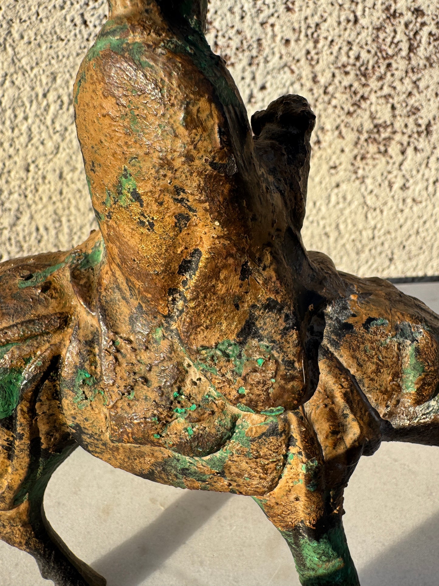 Antique Chinese Gilt Bronze Horse and Rider – Taoist Figure with Patina, 20th c.