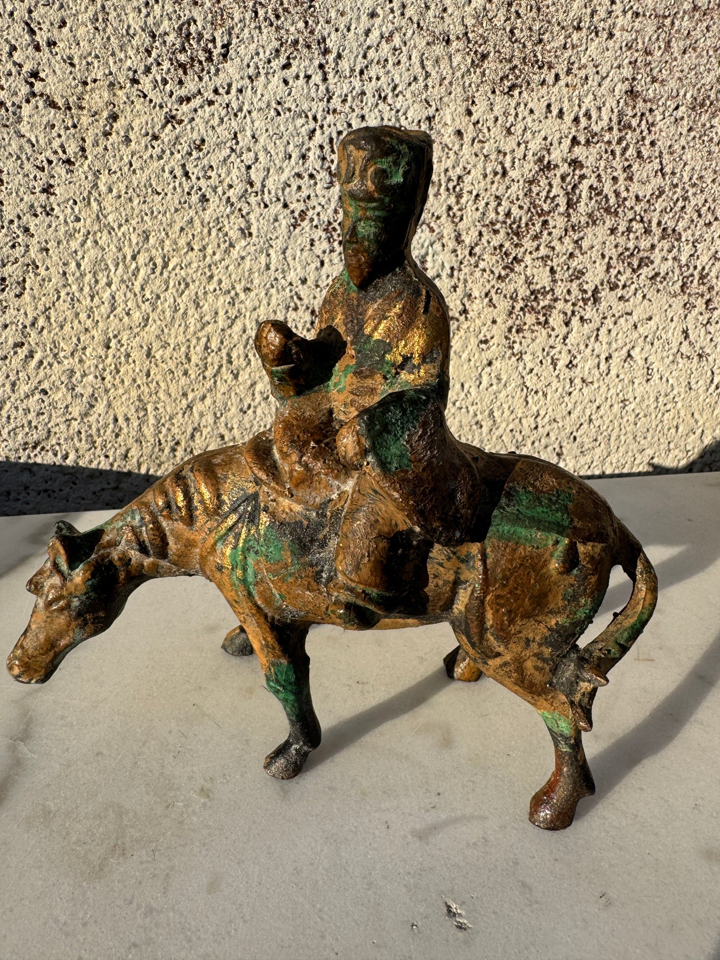 Antique Chinese Gilt Bronze Horse and Rider – Taoist Figure with Patina, 20th c.