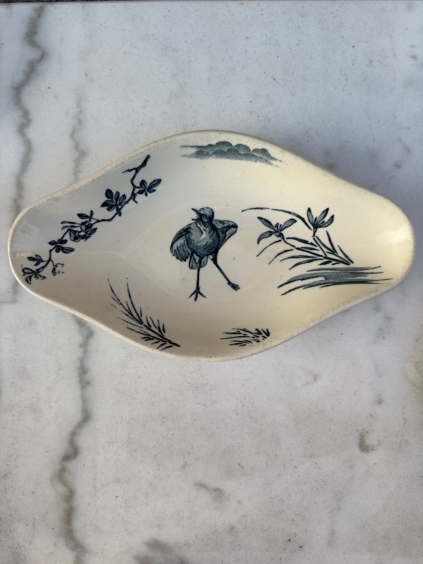 Antique French Faience Dish – Bird and Botanical Motif, 26.5x15 cm