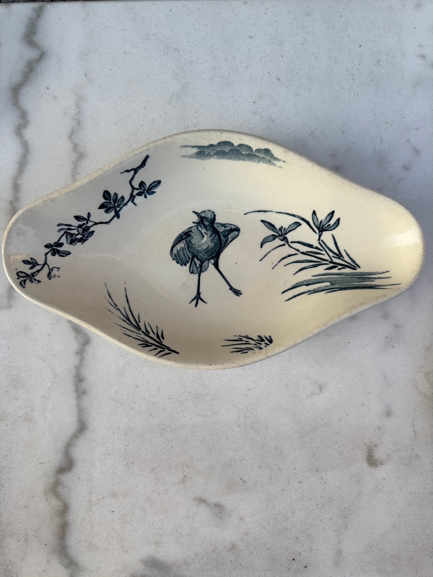 Antique French Faience Dish – Bird and Botanical Motif, 26.5x15 cm