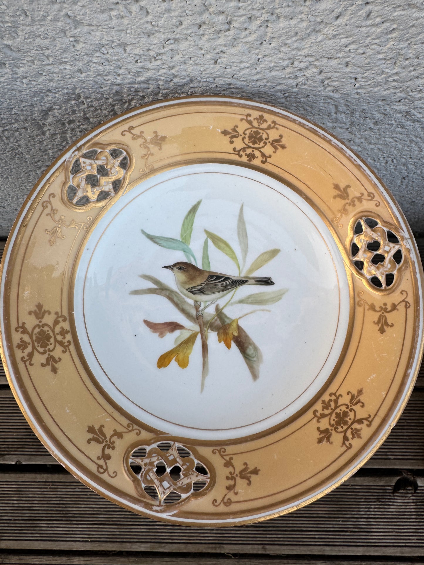 Rare Antique English Pedestal Plate by J.S.Hill Hill Pottery Burslem - Hand Painted Bird - Pierced Border - Gilded - 23 cm