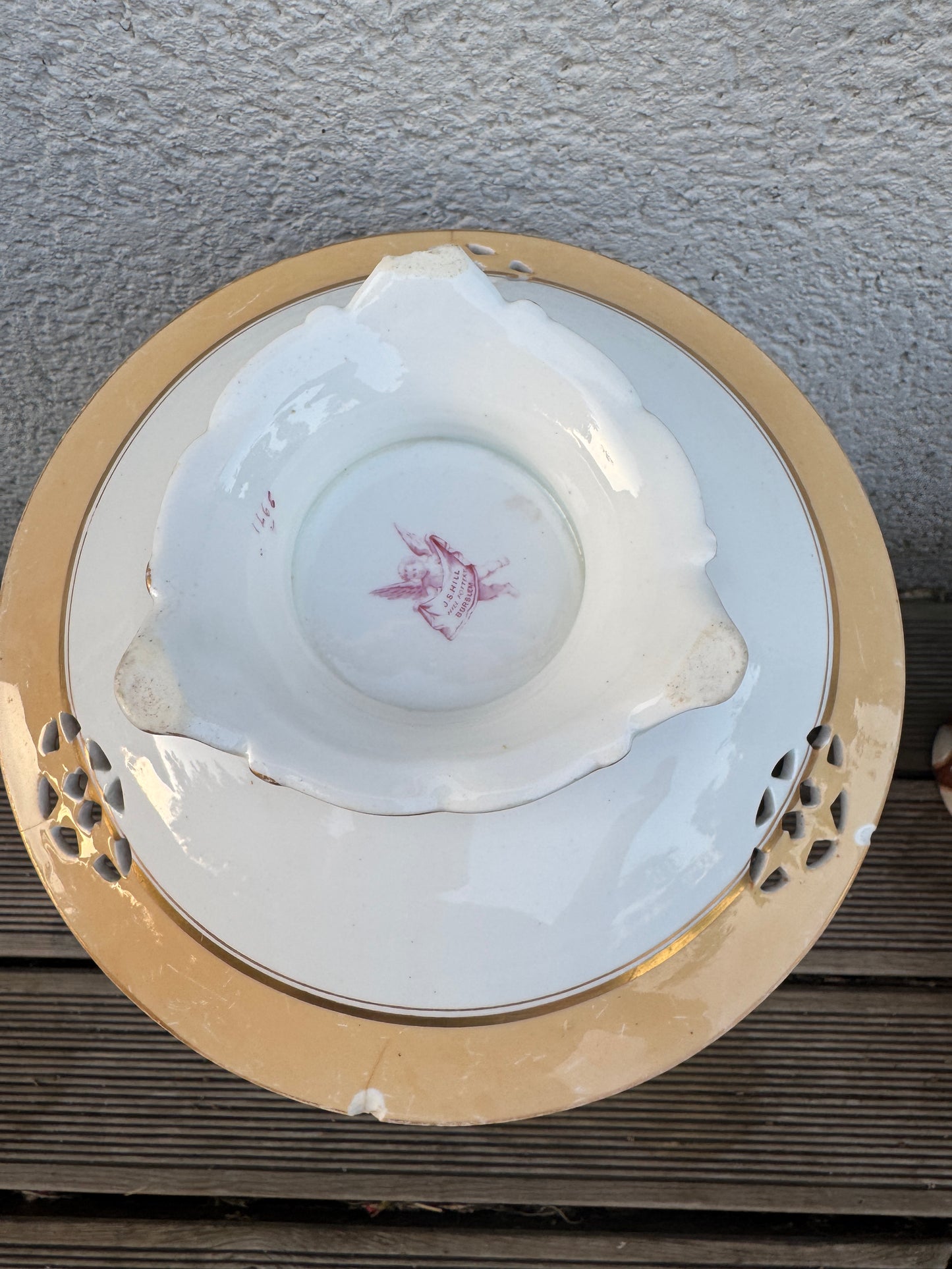 Rare Antique English Pedestal Plate by J.S.Hill Hill Pottery Burslem - Hand Painted Bird - Pierced Border - Gilded - 23 cm
