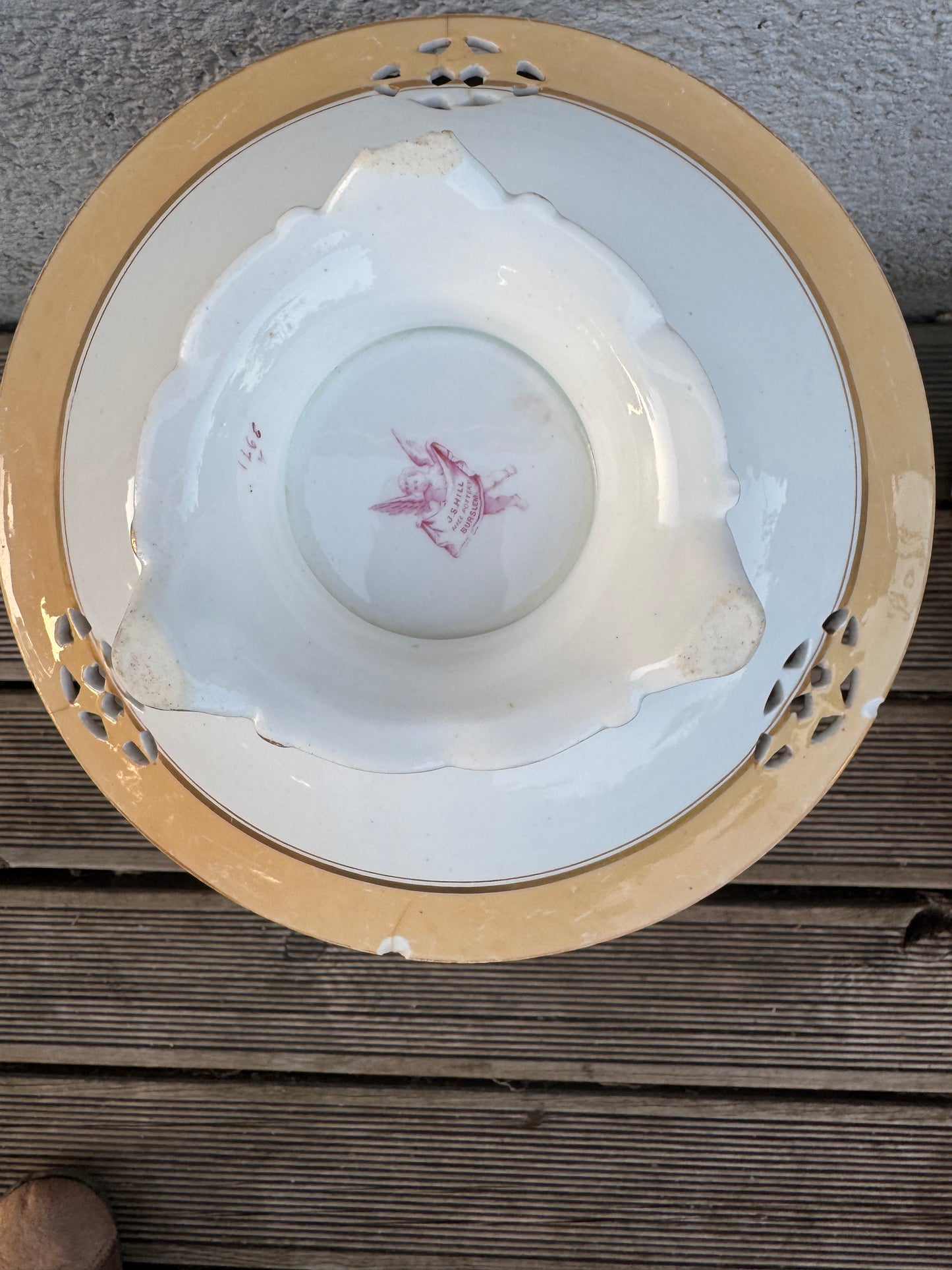 Rare Antique English Pedestal Plate by J.S.Hill Hill Pottery Burslem - Hand Painted Bird - Pierced Border - Gilded - 23 cm