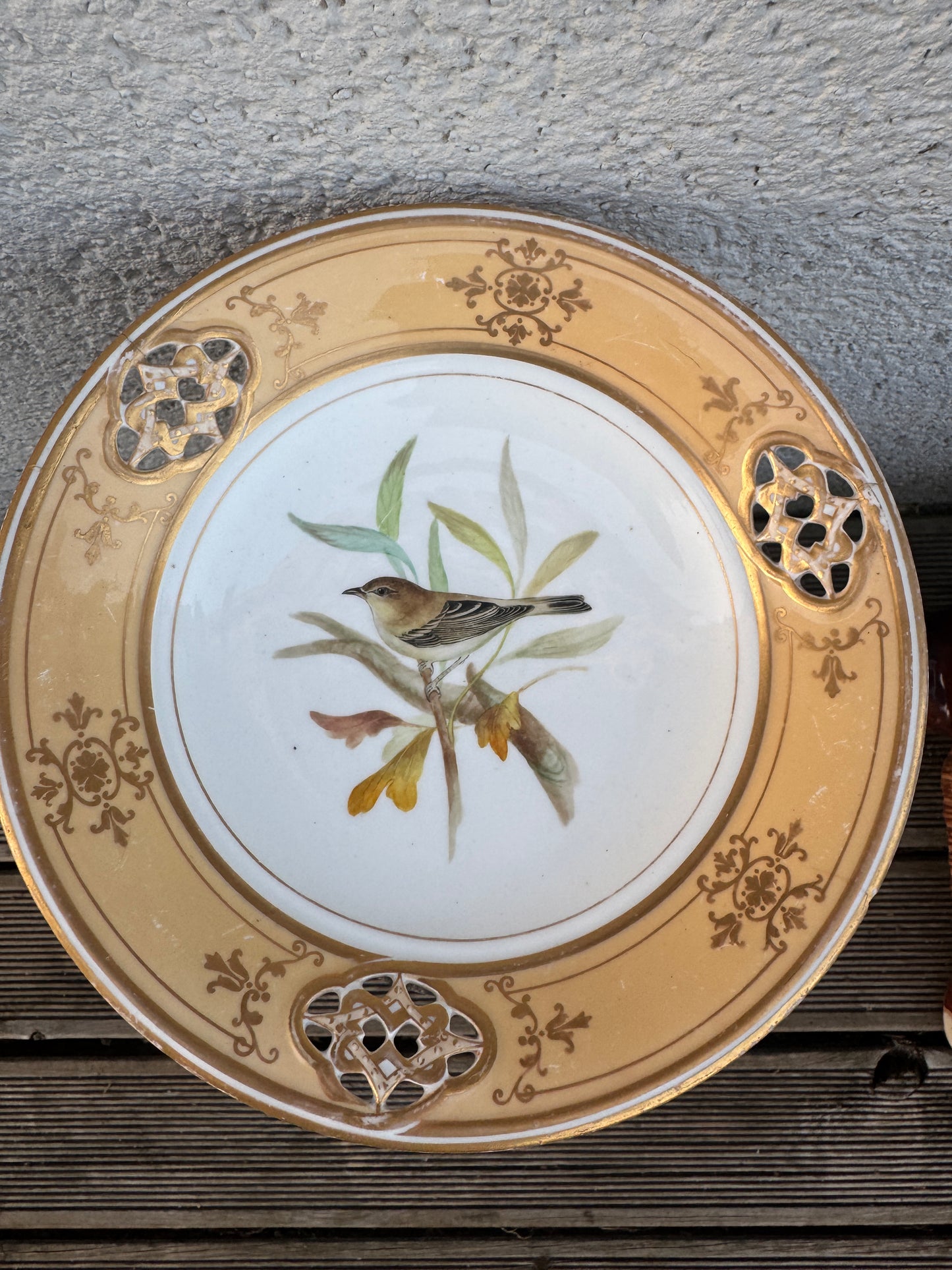 Rare Antique English Pedestal Plate by J.S.Hill Hill Pottery Burslem - Hand Painted Bird - Pierced Border - Gilded - 23 cm