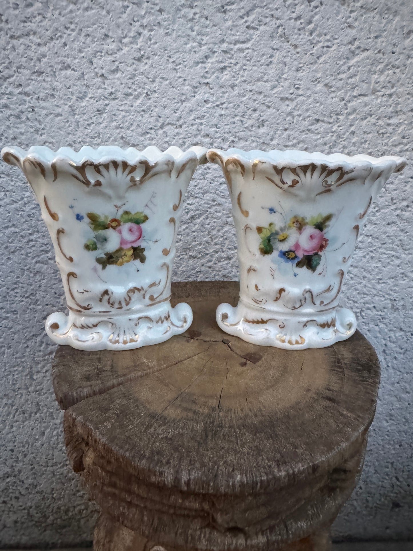 Antique French Pair of Small Porcelain Vases - Hand Painted Flowers - Pre-1900