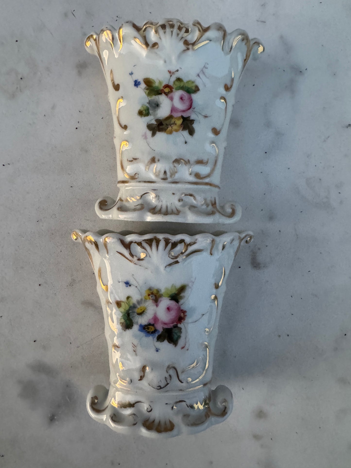 Antique French Pair of Small Porcelain Vases - Hand Painted Flowers - Pre-1900