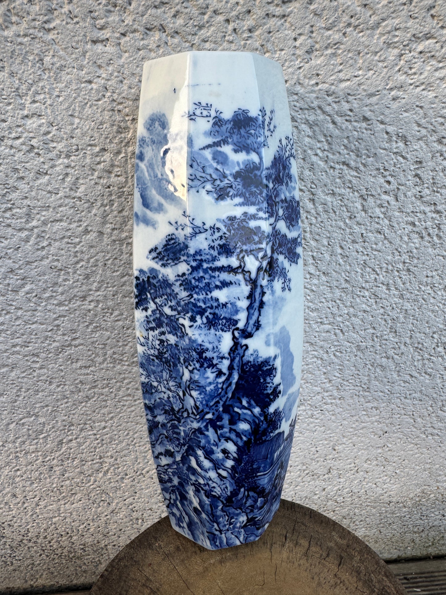 Antique Japanese Hexagonal Porcelain Vase - Blue and White Landscape Scene