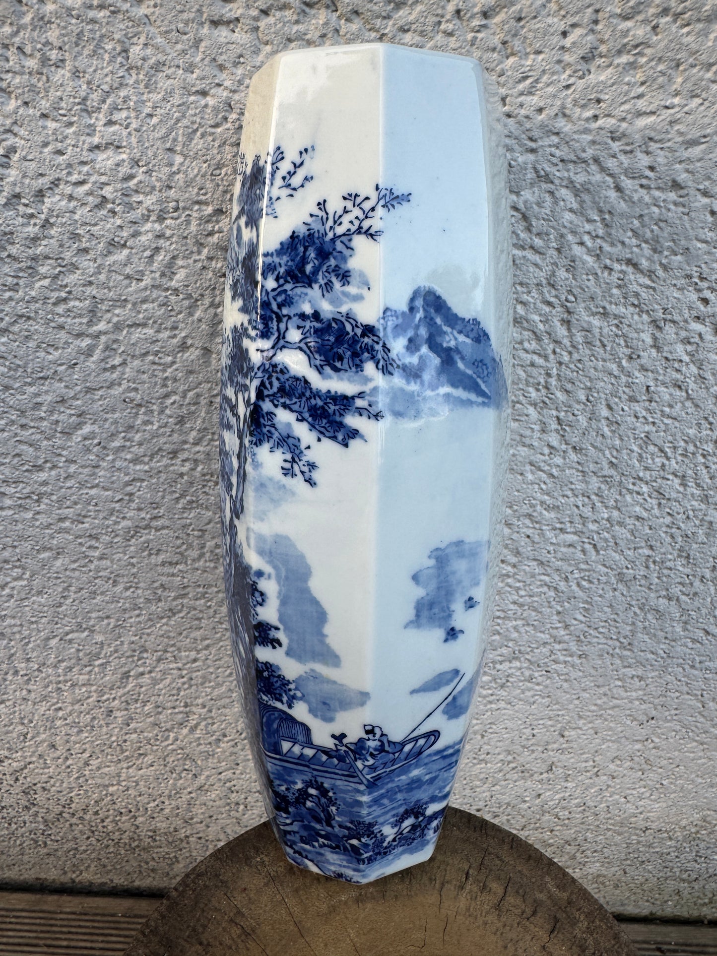 Antique Japanese Hexagonal Porcelain Vase - Blue and White Landscape Scene