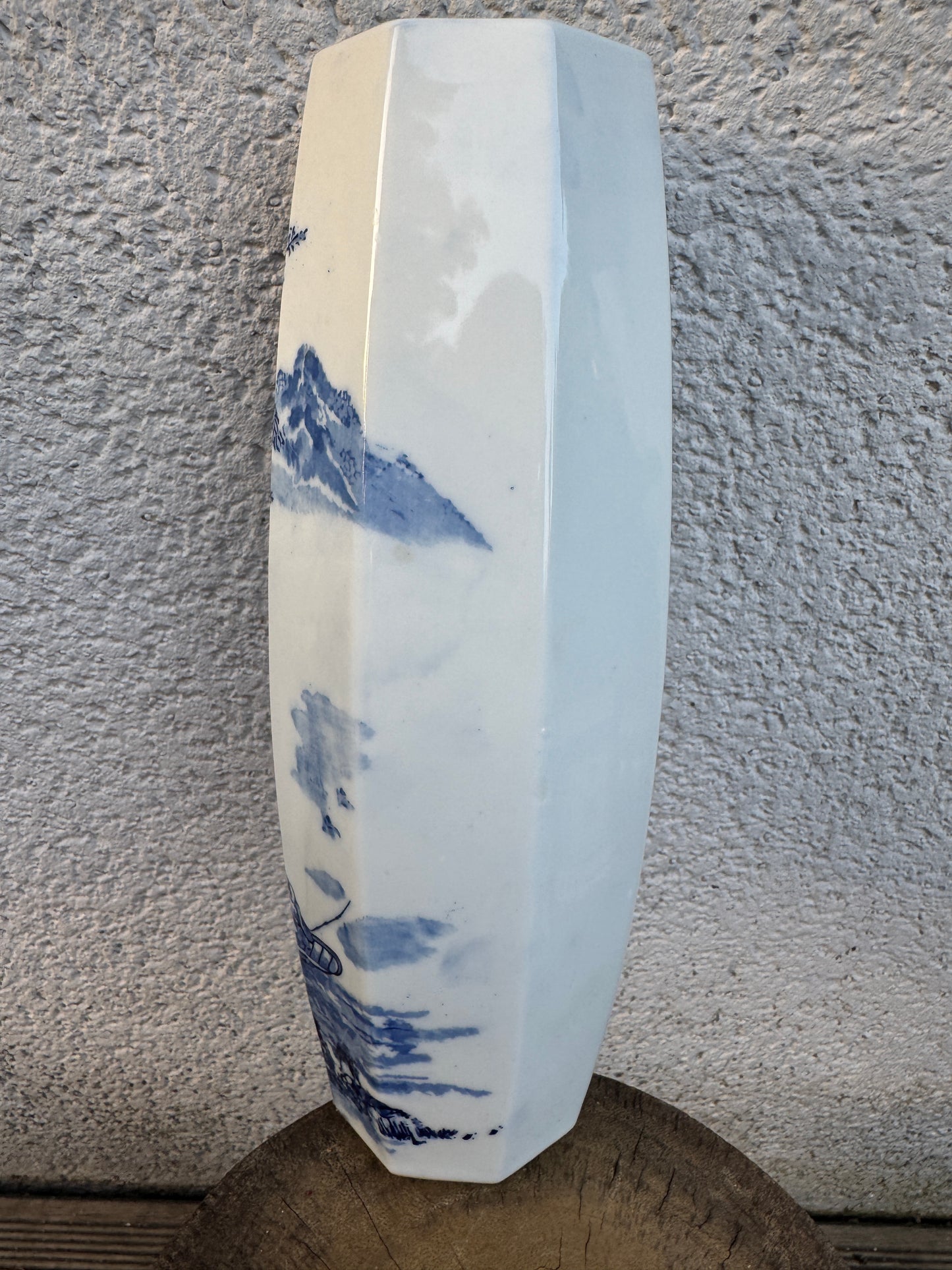 Antique Japanese Hexagonal Porcelain Vase - Blue and White Landscape Scene