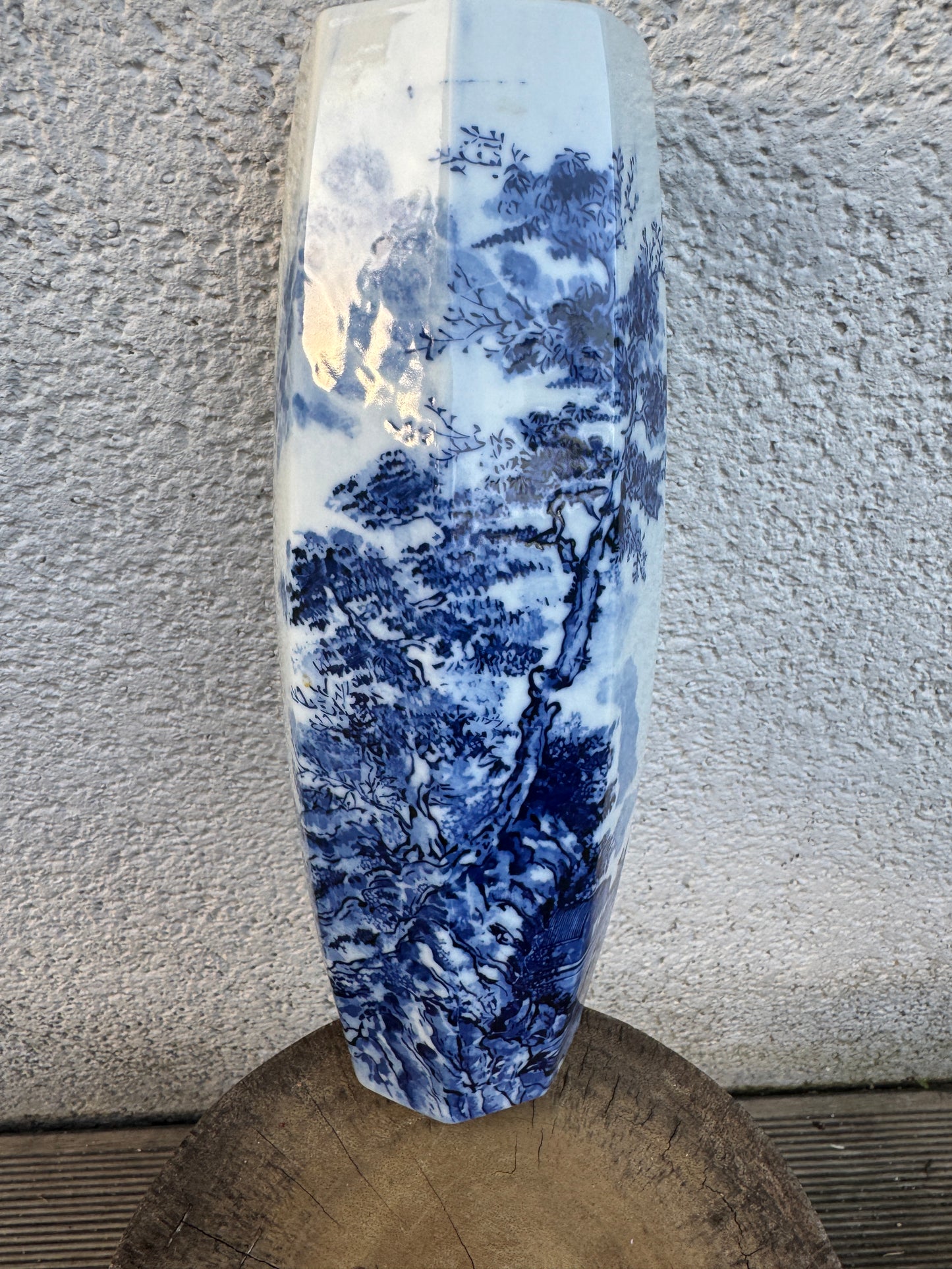 Antique Japanese Hexagonal Porcelain Vase - Blue and White Landscape Scene