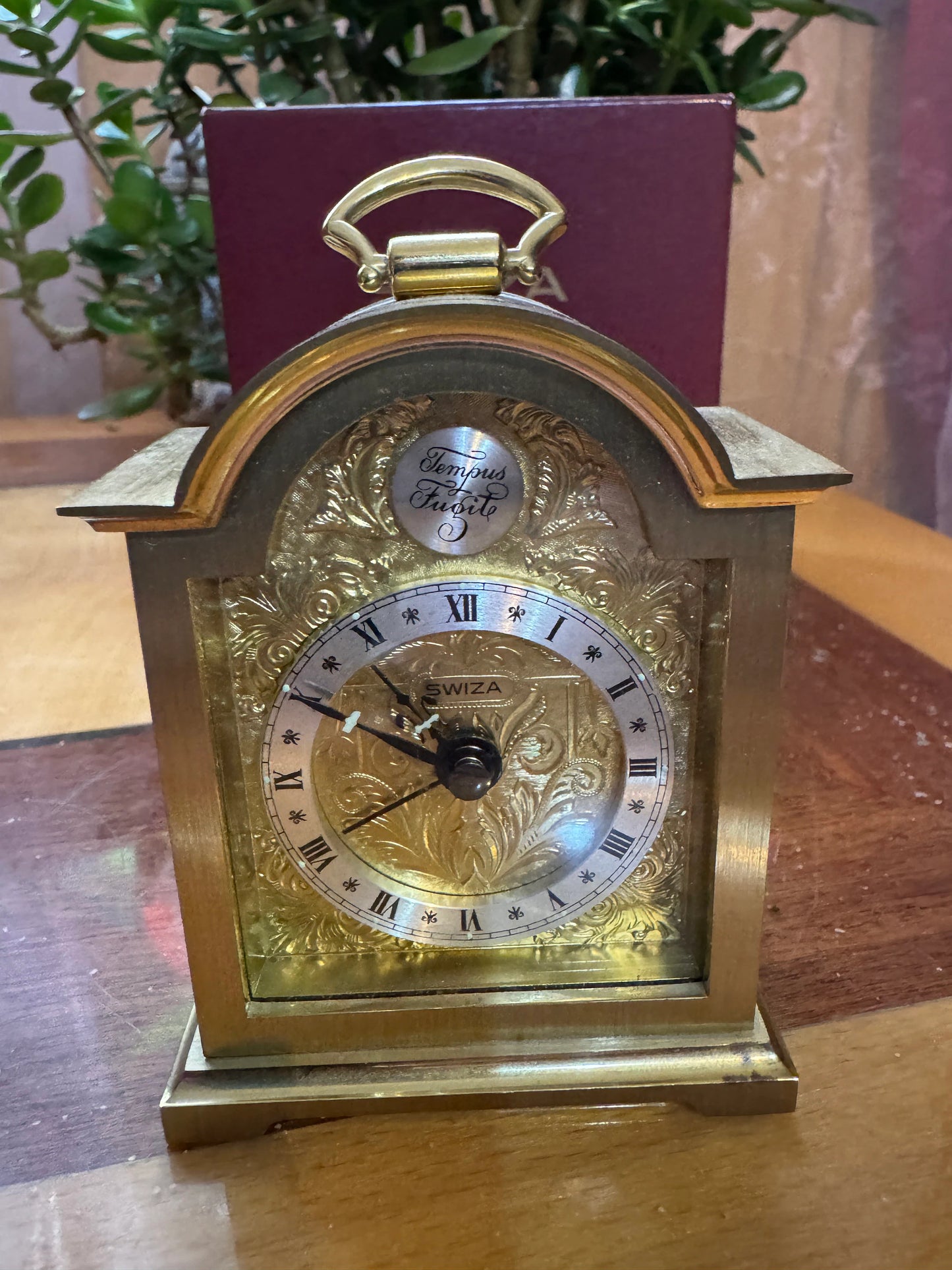 Vintage SWIZA Brass Alarm Clock – Tempus Fugit, Swiss Made, with Box & Papers