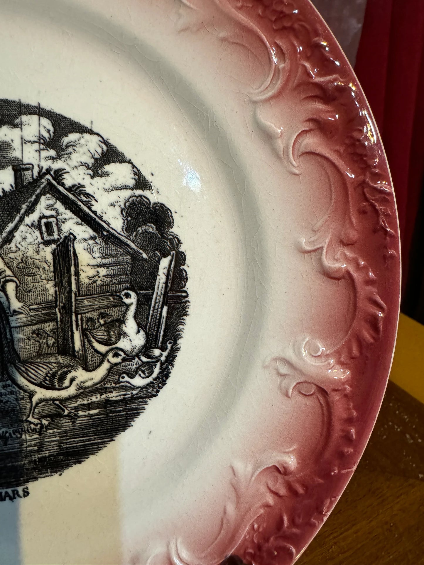 Antique French Plate “Mars” – Pexonne F – Mid-19th Century Faience with Red Transferware Border
