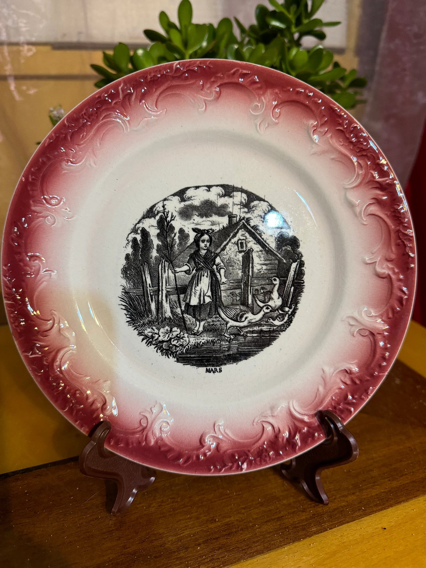 Antique French Plate “Mars” – Pexonne F – Mid-19th Century Faience with Red Transferware Border
