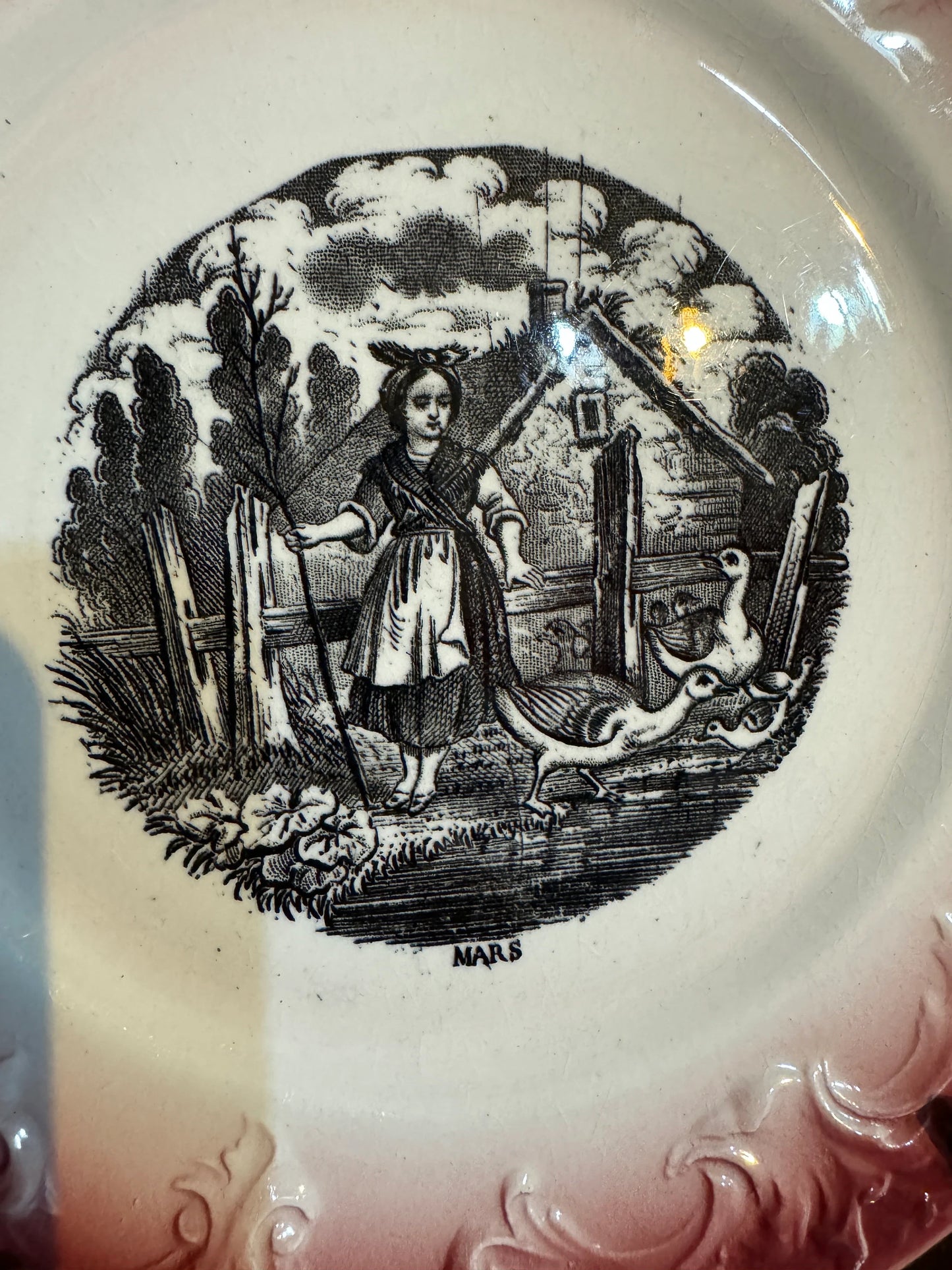 Antique French Plate “Mars” – Pexonne F – Mid-19th Century Faience with Red Transferware Border