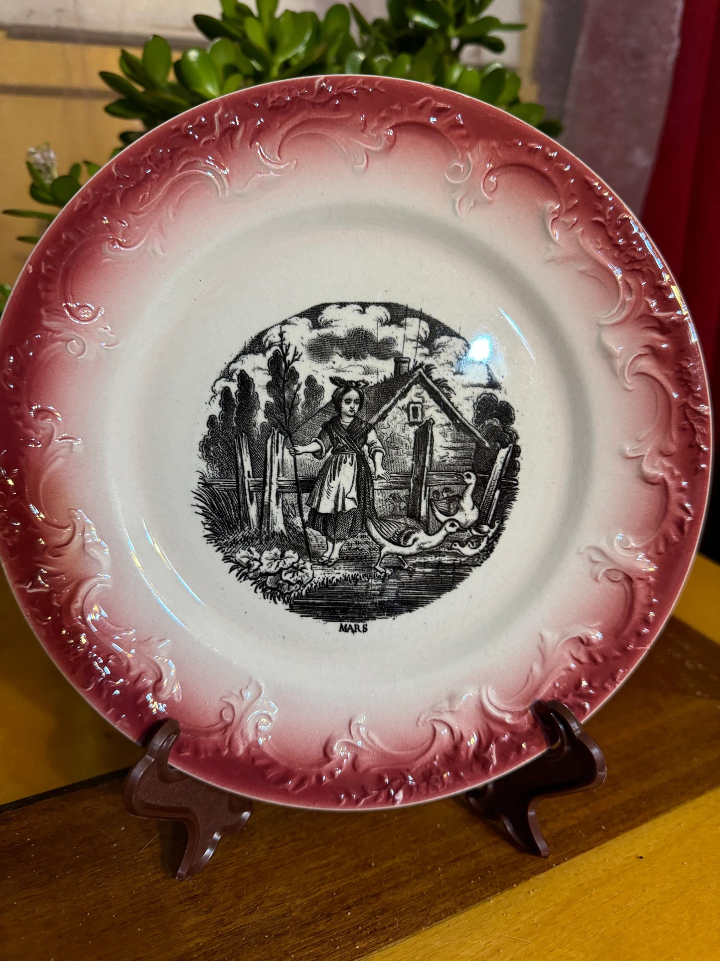 Antique French Plate “Mars” – Pexonne F – Mid-19th Century Faience with Red Transferware Border