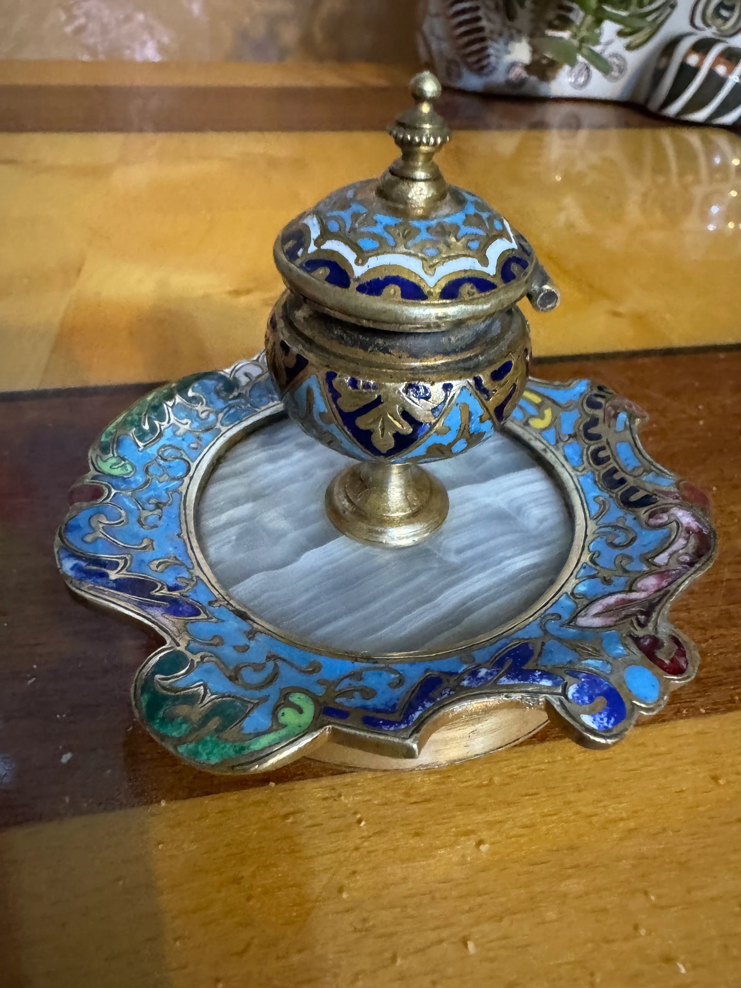 Antique Limoges Enamel Inkwell on Alabaster and Bronze Base – 19th Century
