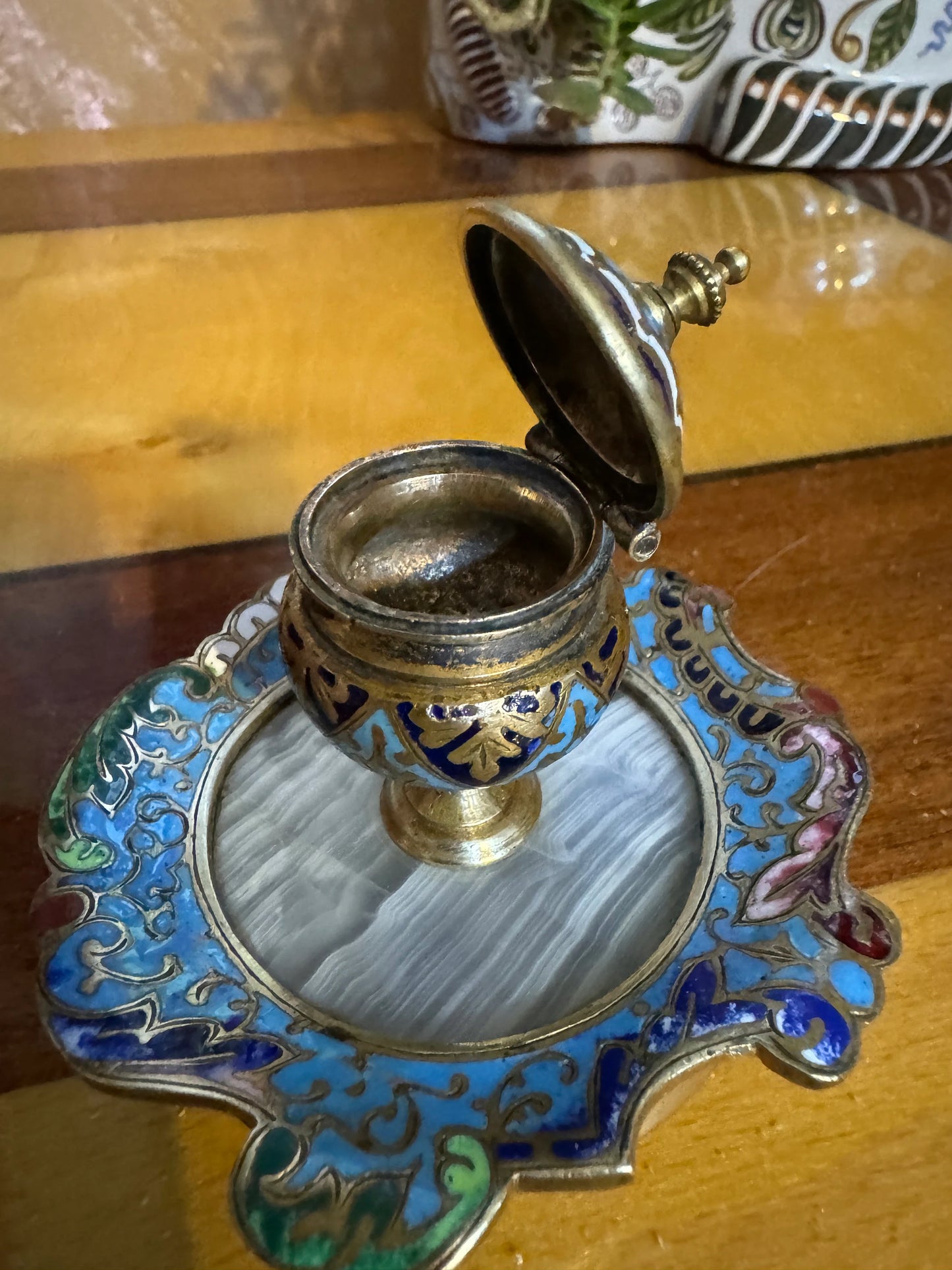 Antique Limoges Enamel Inkwell on Alabaster and Bronze Base – 19th Century