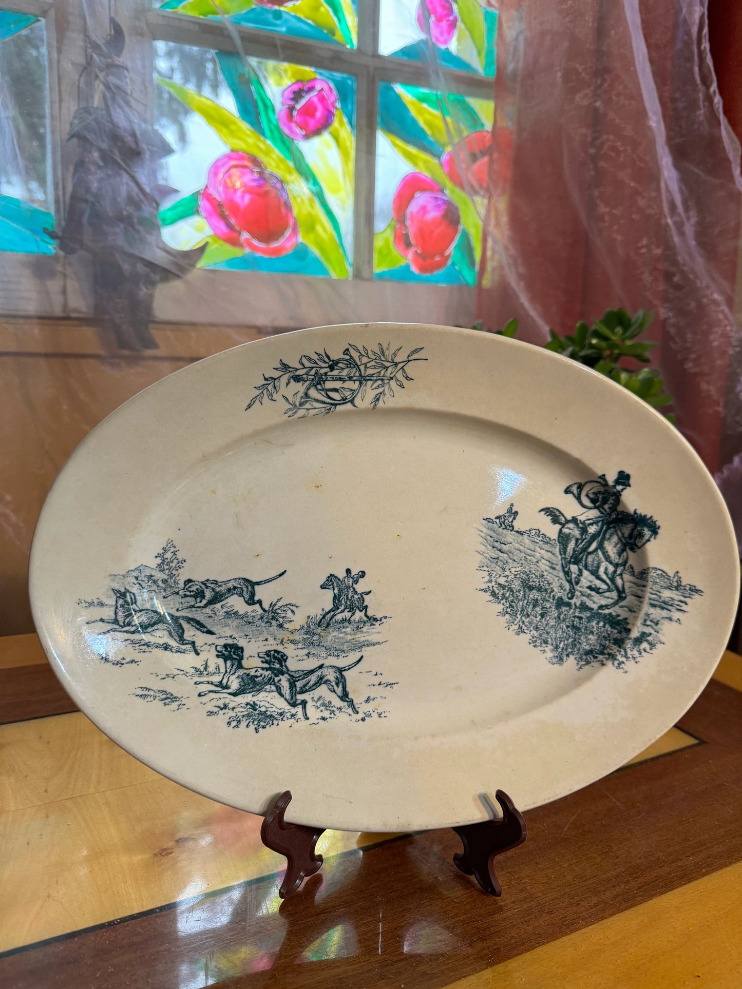 Antique French Blue Hunting Scene Platter – 19th Century Oval Faience Transferware