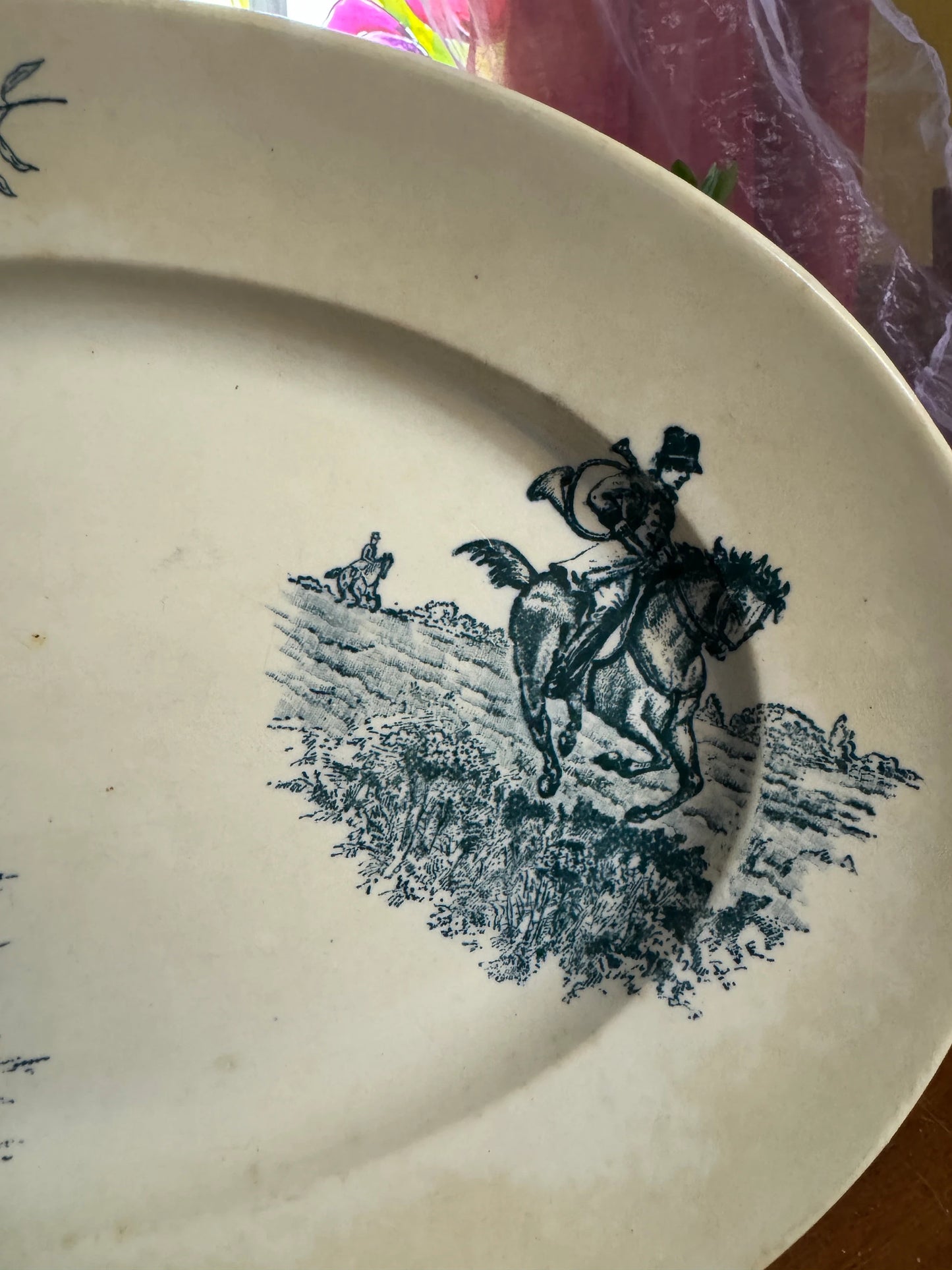 Antique French Blue Hunting Scene Platter – 19th Century Oval Faience Transferware