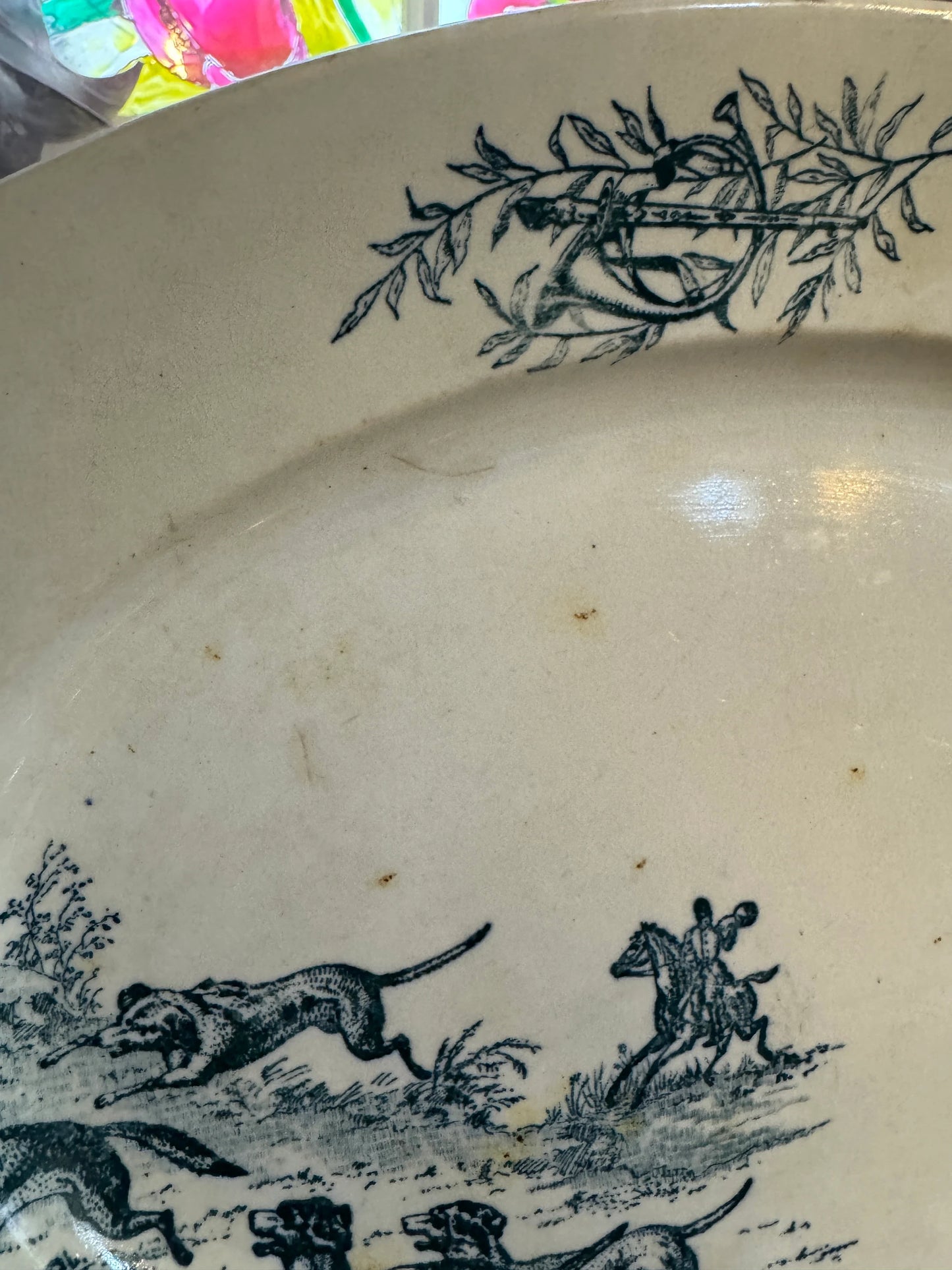 Antique French Blue Hunting Scene Platter – 19th Century Oval Faience Transferware