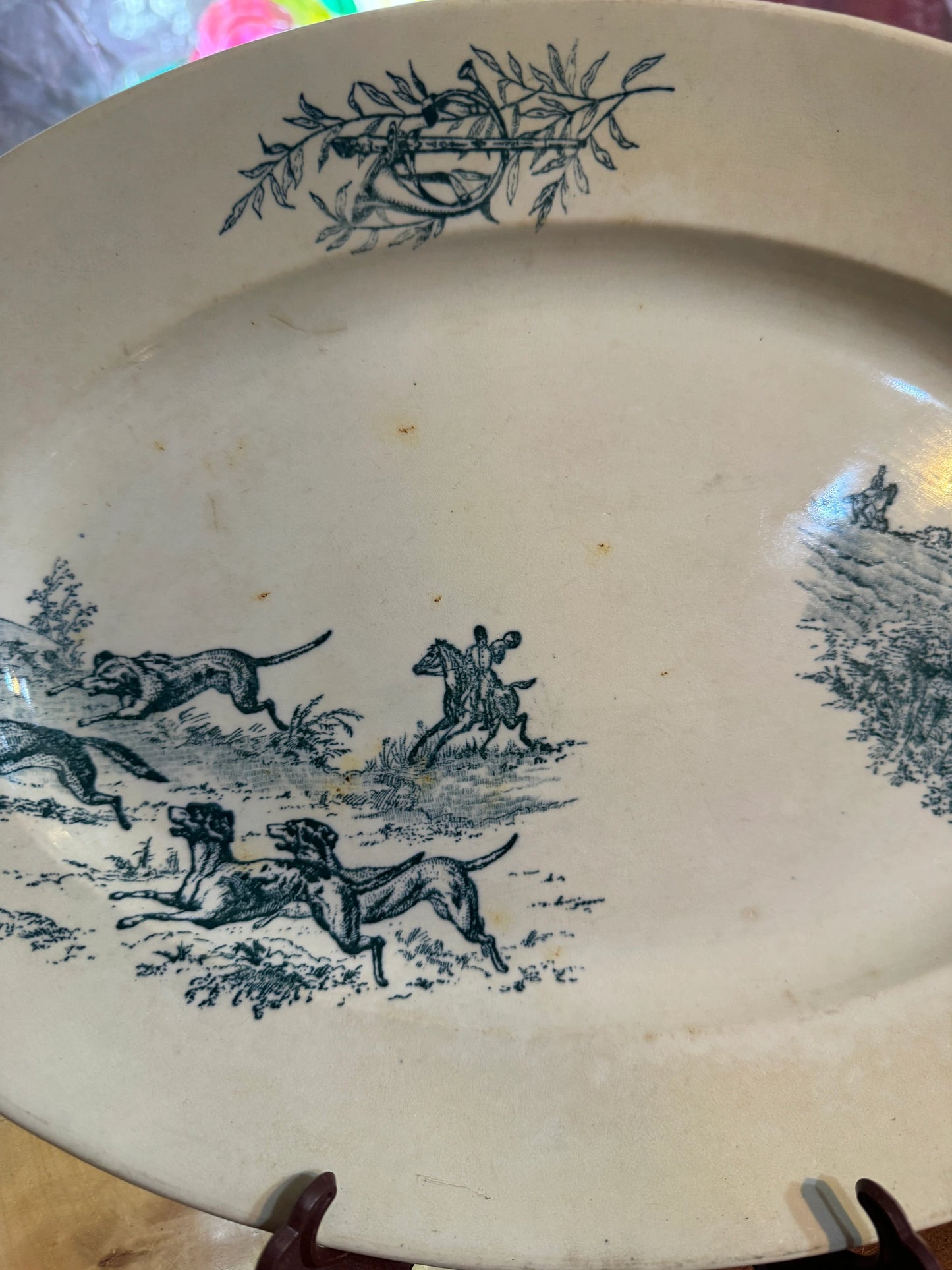 Antique French Blue Hunting Scene Platter – 19th Century Oval Faience Transferware