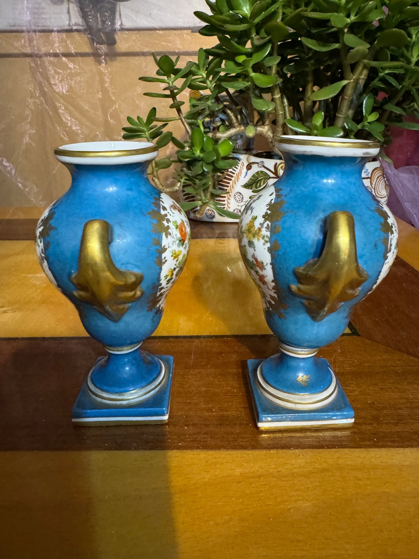 Antique French Hand-Painted Porcelain Vases – Pair – Floral & Gilt – Turquoise Blue – 19th Century