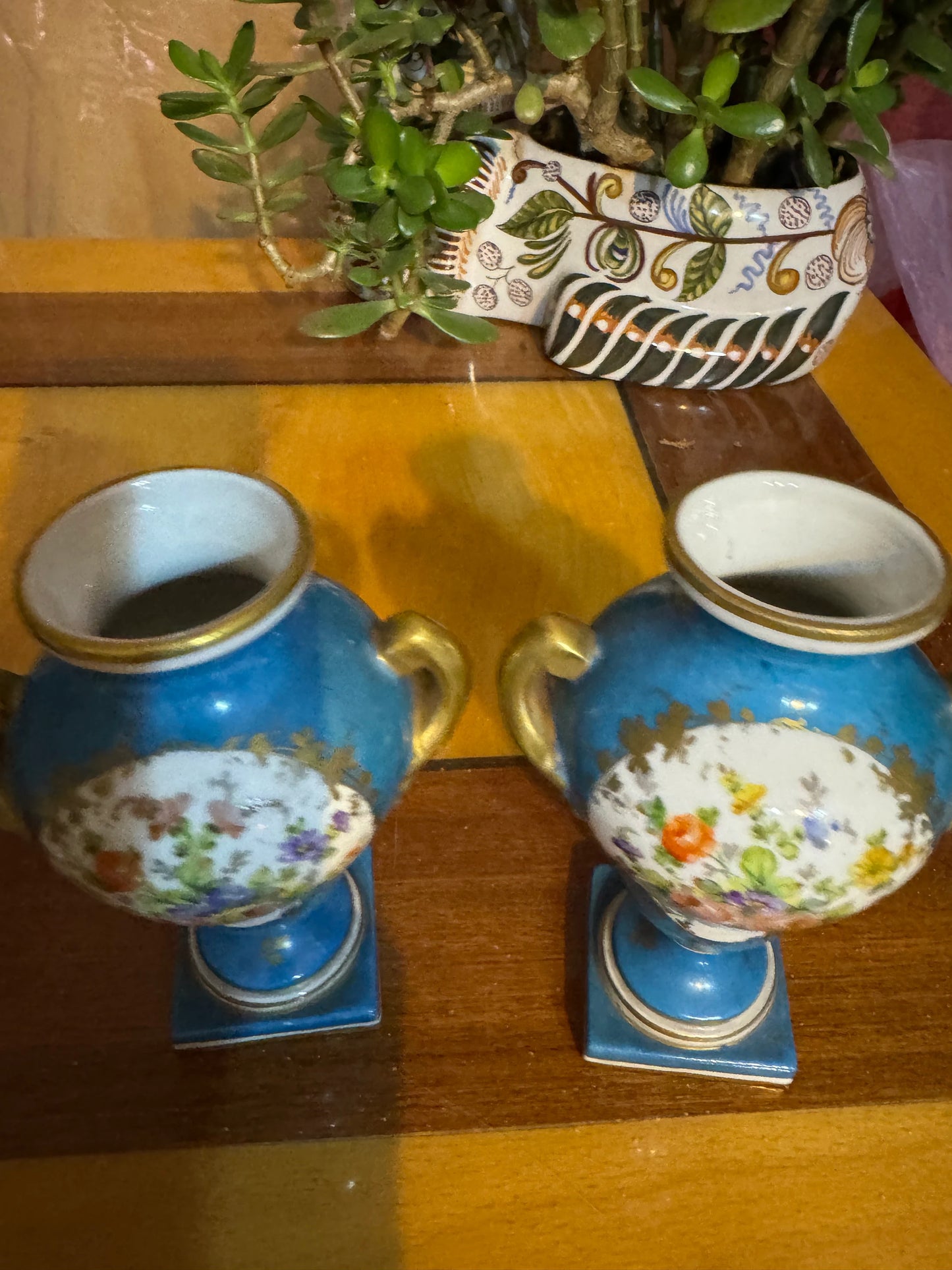 Antique French Hand-Painted Porcelain Vases – Pair – Floral & Gilt – Turquoise Blue – 19th Century
