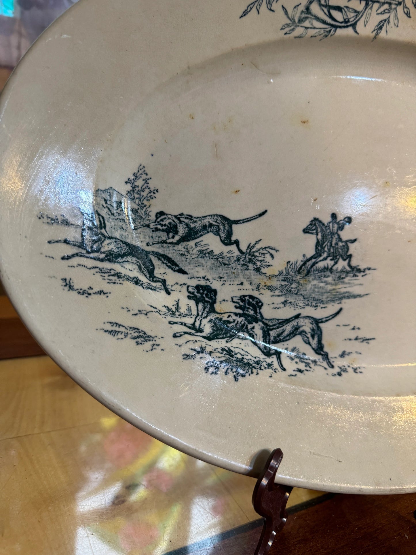 Antique French Blue Hunting Scene Platter – 19th Century Oval Faience Transferware