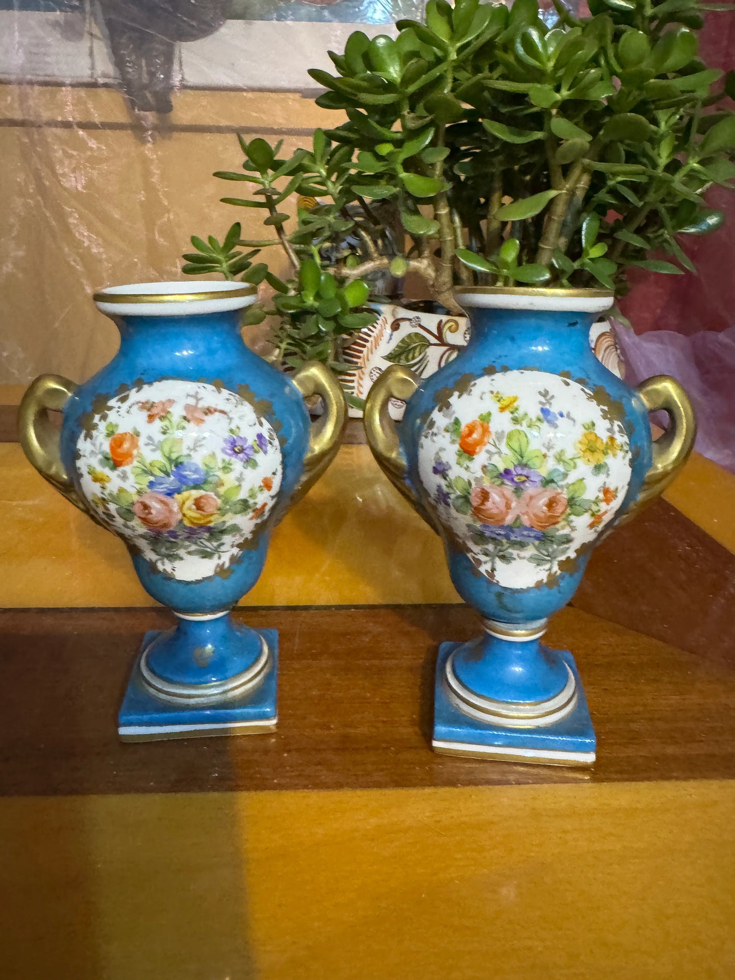 Antique French Hand-Painted Porcelain Vases – Pair – Floral & Gilt – Turquoise Blue – 19th Century