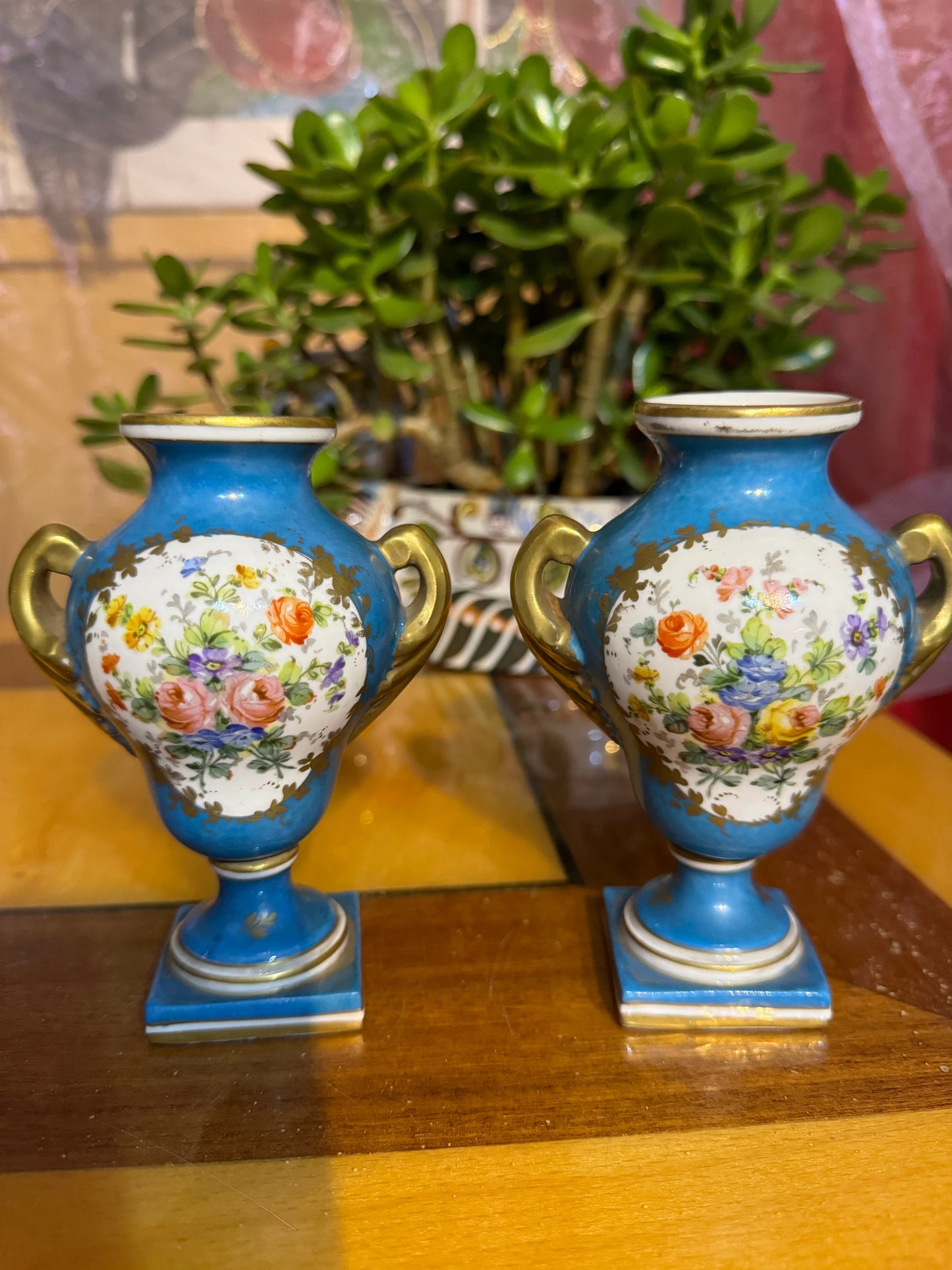 Antique French Hand-Painted Porcelain Vases – Pair – Floral & Gilt – Turquoise Blue – 19th Century