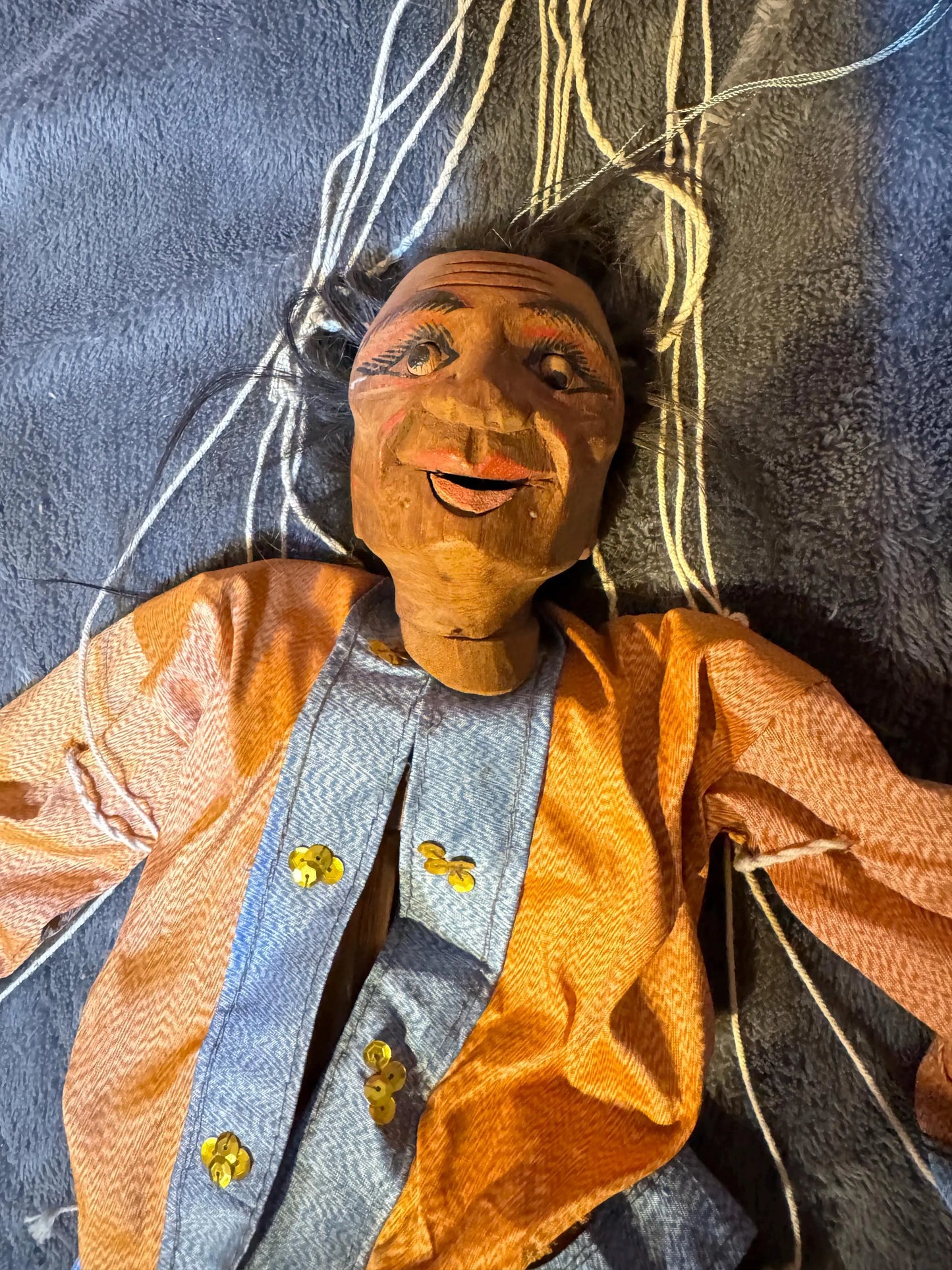 Vintage Hand-Carved Marionette Puppet – Southeast Asian Wayang Style – Movable Eyes & Mouth