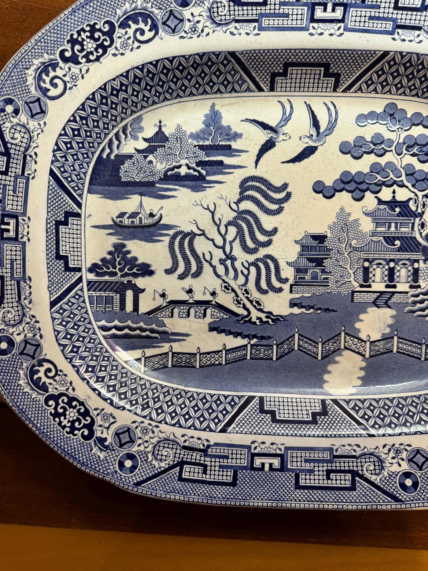 Large Antique Staffordshire Blue Willow Platter – 19th Century English Transferware – 45×35 cm