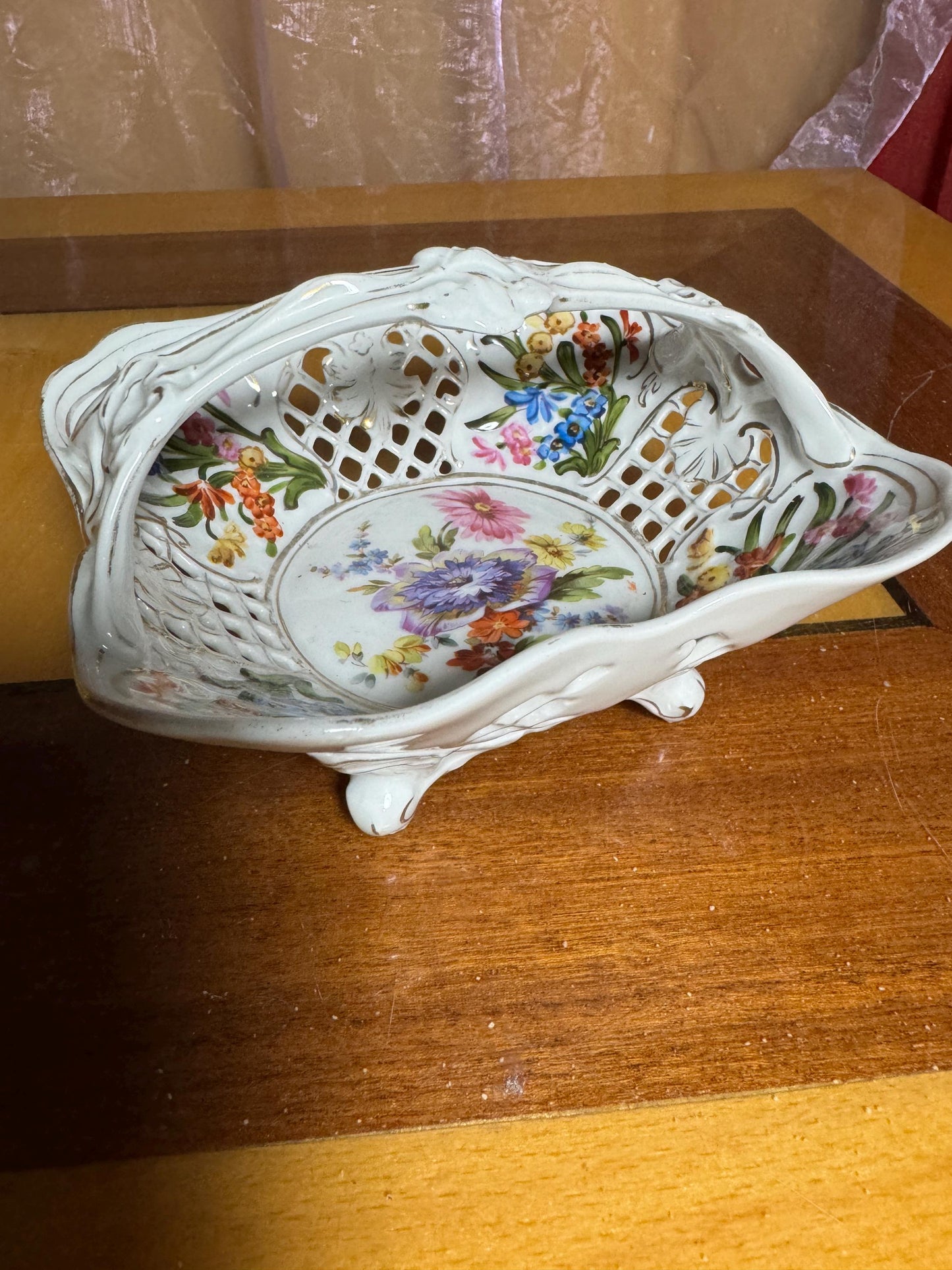 Vintage Porcelain Reticulated Bowl – Schwarzenhammer Bavaria – Hand Painted Floral – Footed Basket – Germany 1950s