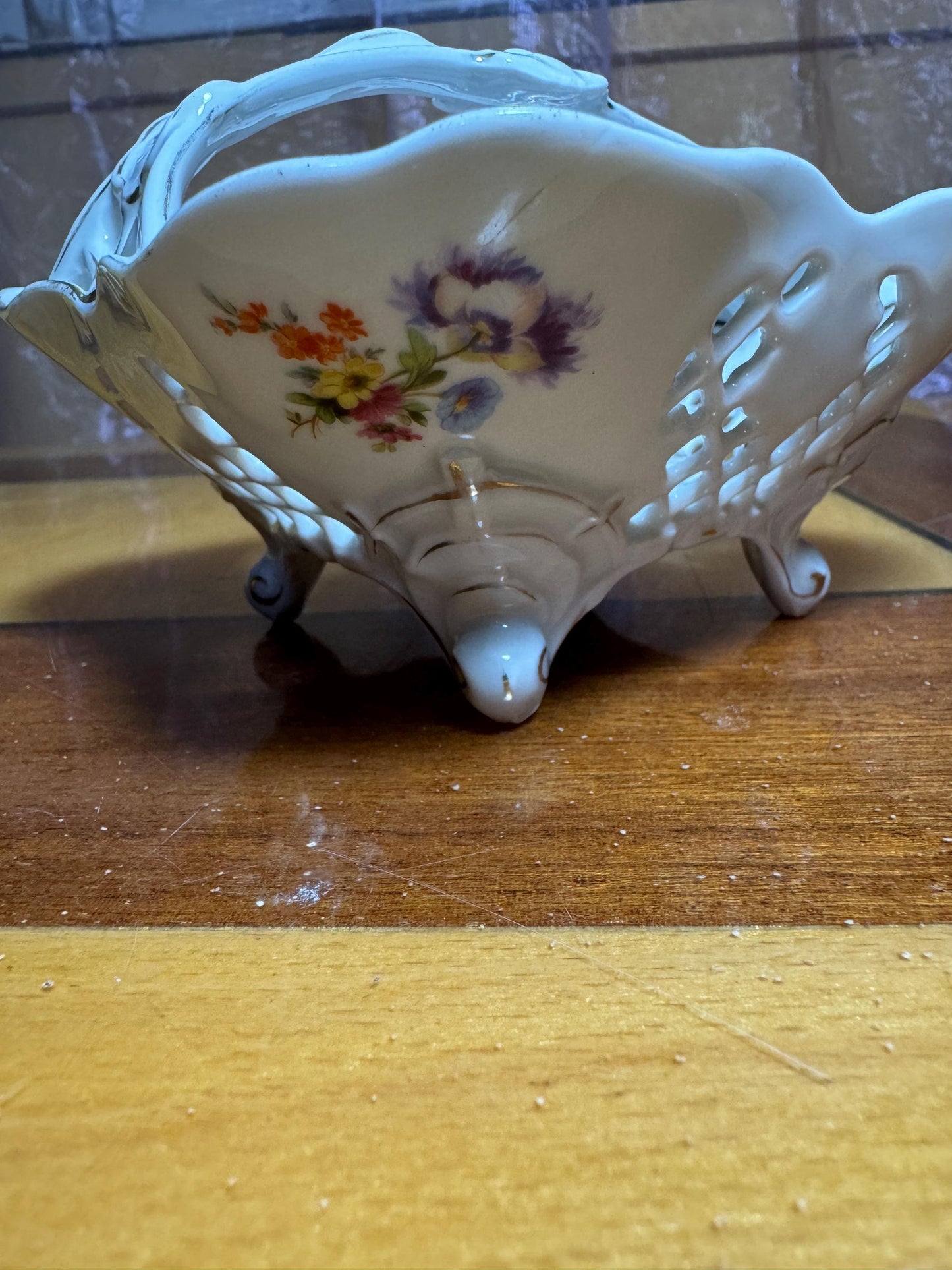 Vintage Porcelain Reticulated Bowl – Schwarzenhammer Bavaria – Hand Painted Floral – Footed Basket – Germany 1950s