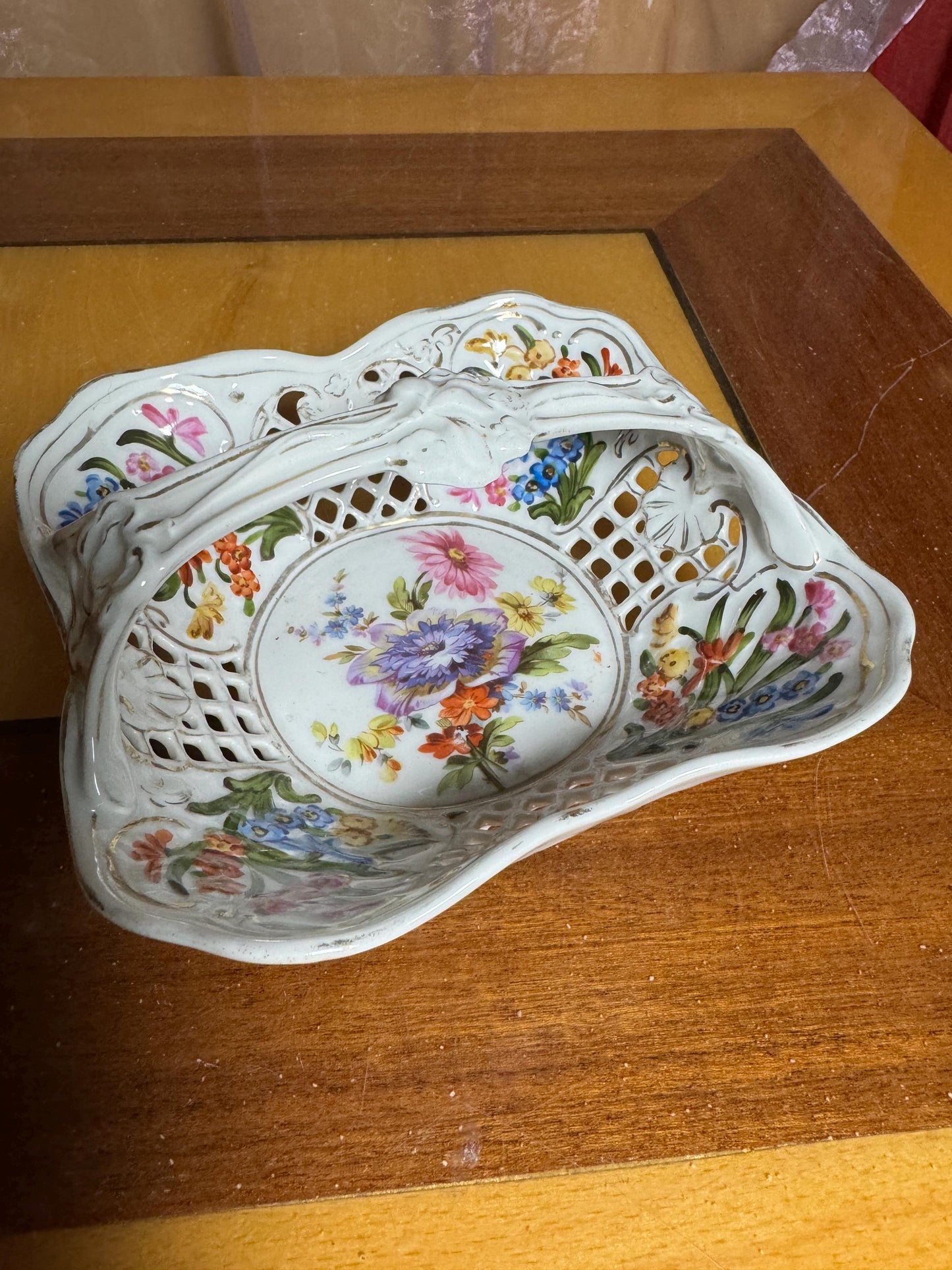 Vintage Porcelain Reticulated Bowl – Schwarzenhammer Bavaria – Hand Painted Floral – Footed Basket – Germany 1950s