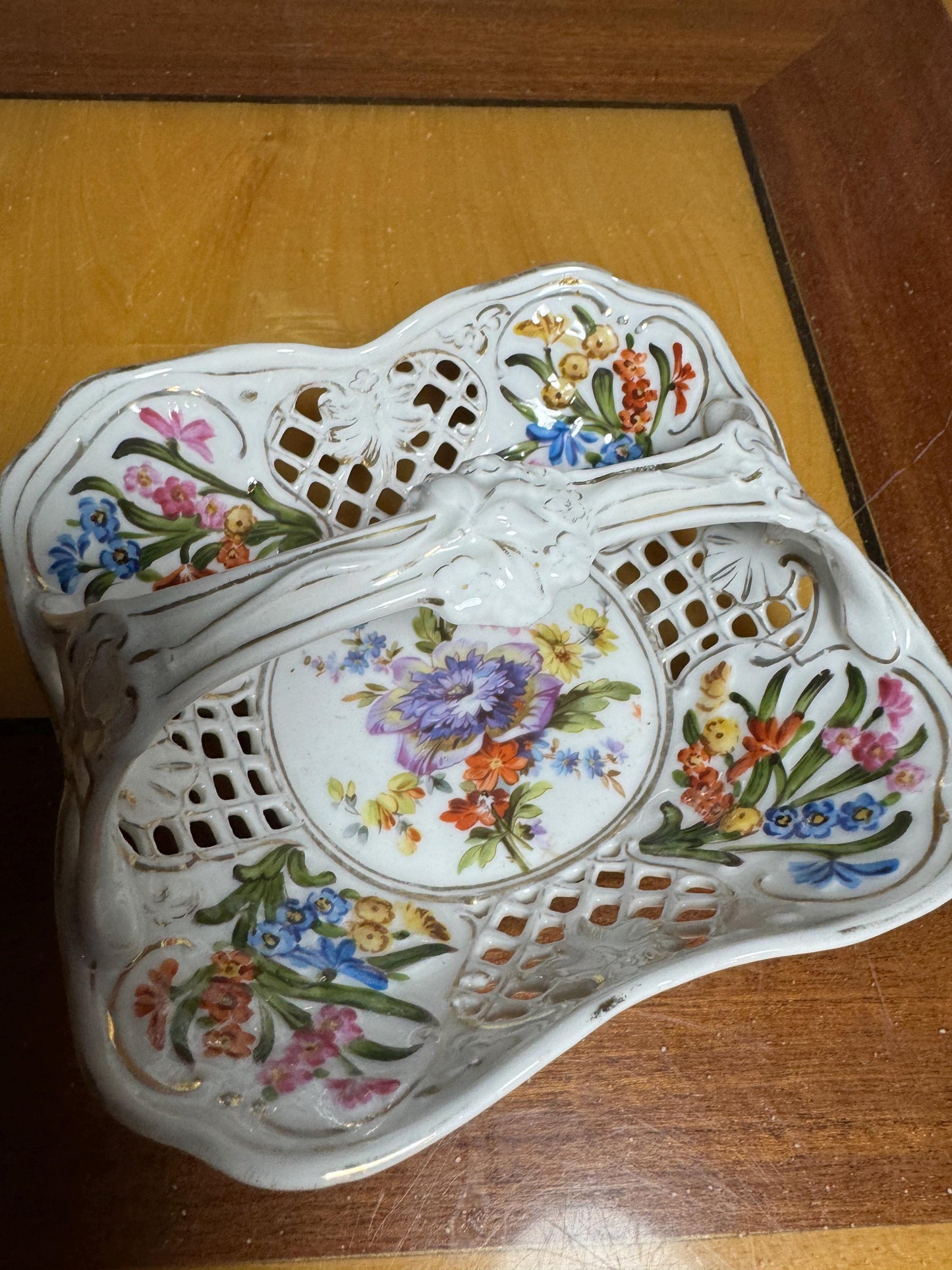 Vintage Porcelain Reticulated Bowl – Schwarzenhammer Bavaria – Hand Painted Floral – Footed Basket – Germany 1950s