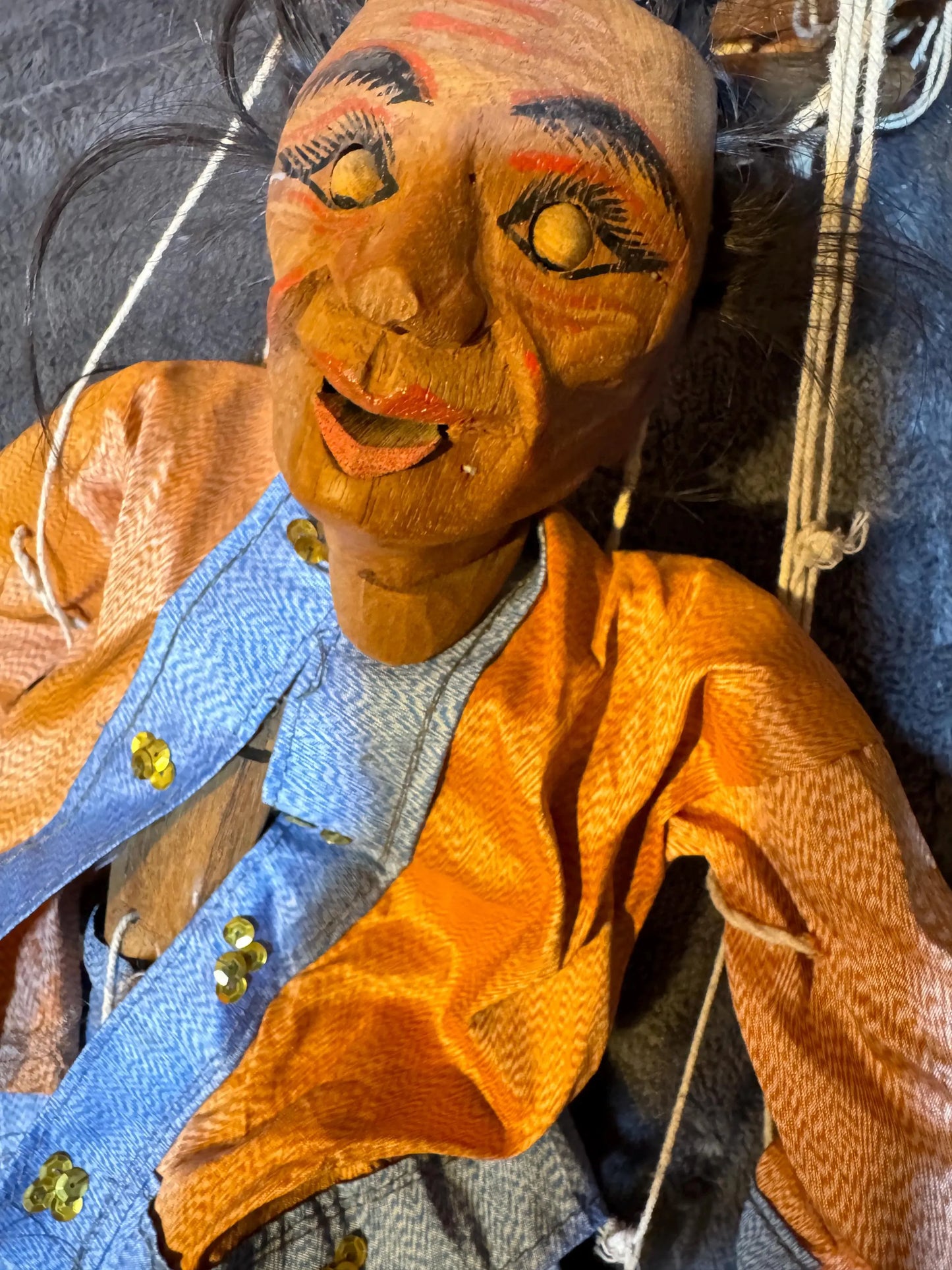 Vintage Hand-Carved Marionette Puppet – Southeast Asian Wayang Style – Movable Eyes & Mouth