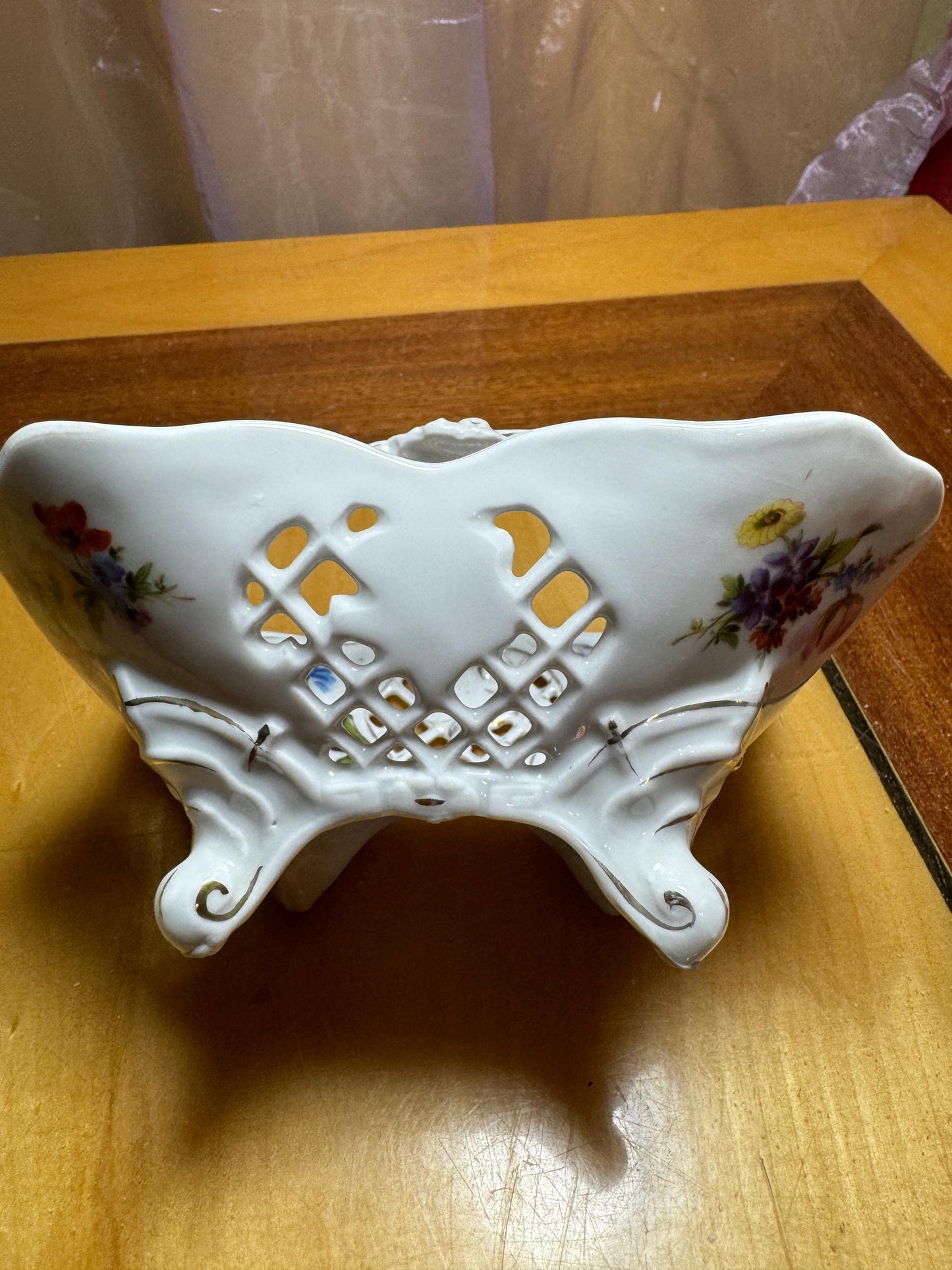Vintage Porcelain Reticulated Bowl – Schwarzenhammer Bavaria – Hand Painted Floral – Footed Basket – Germany 1950s