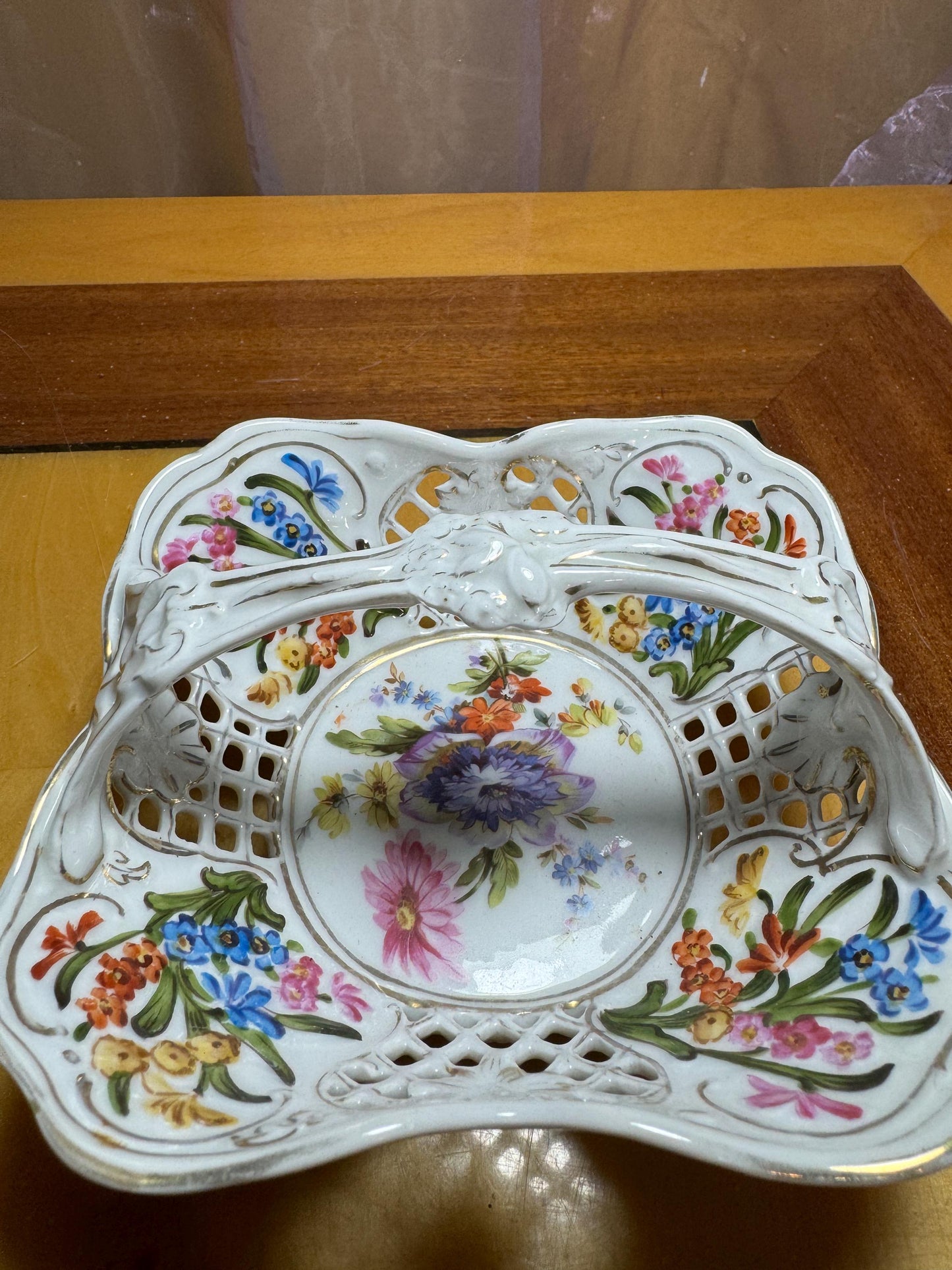 Vintage Porcelain Reticulated Bowl – Schwarzenhammer Bavaria – Hand Painted Floral – Footed Basket – Germany 1950s