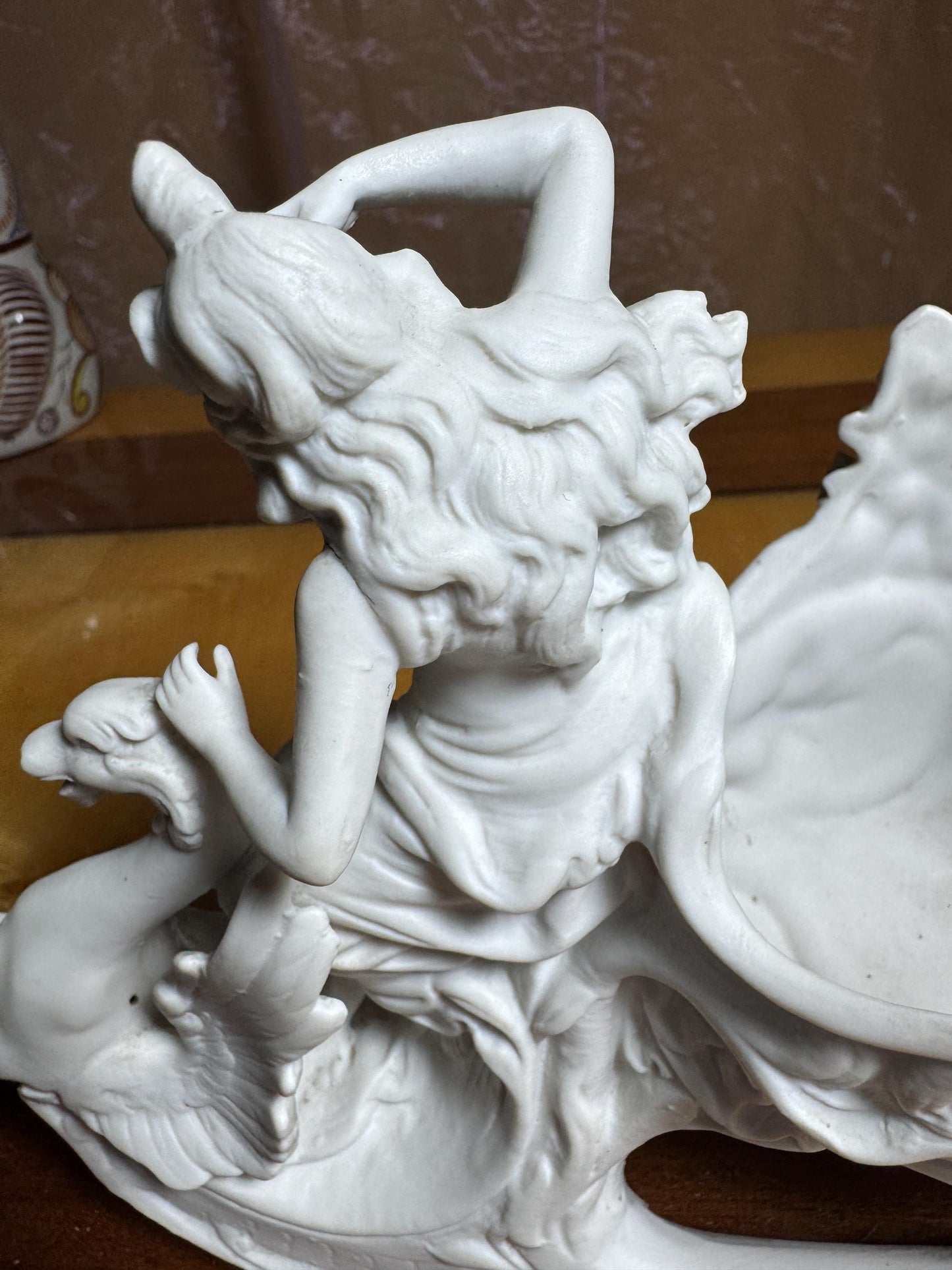 Antique Art Nouveau Bisque Porcelain Sleigh with Lady and Swan – Continental 19th Century Sculpture – SB 2677