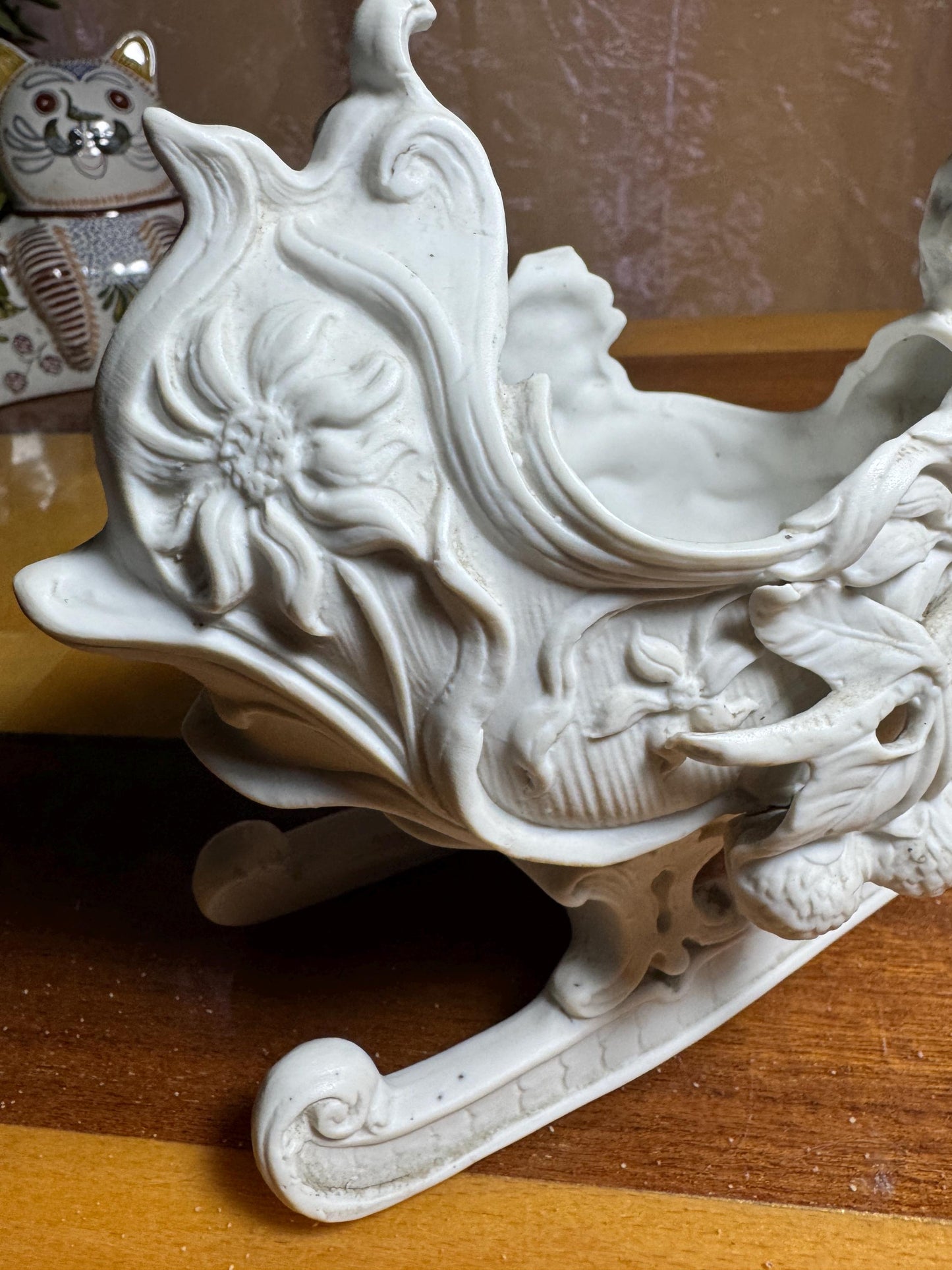 Antique Art Nouveau Bisque Porcelain Sleigh with Lady and Swan – Continental 19th Century Sculpture – SB 2677