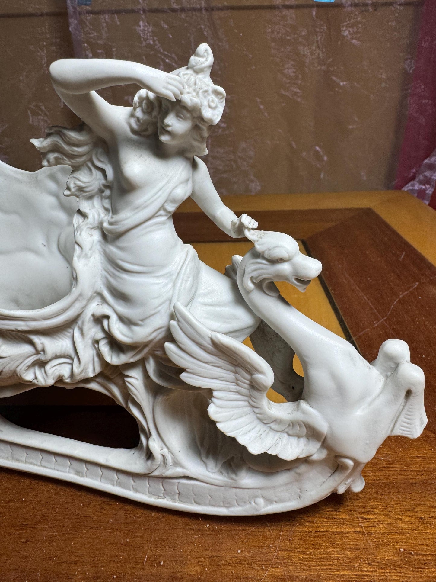 Antique Art Nouveau Bisque Porcelain Sleigh with Lady and Swan – Continental 19th Century Sculpture – SB 2677
